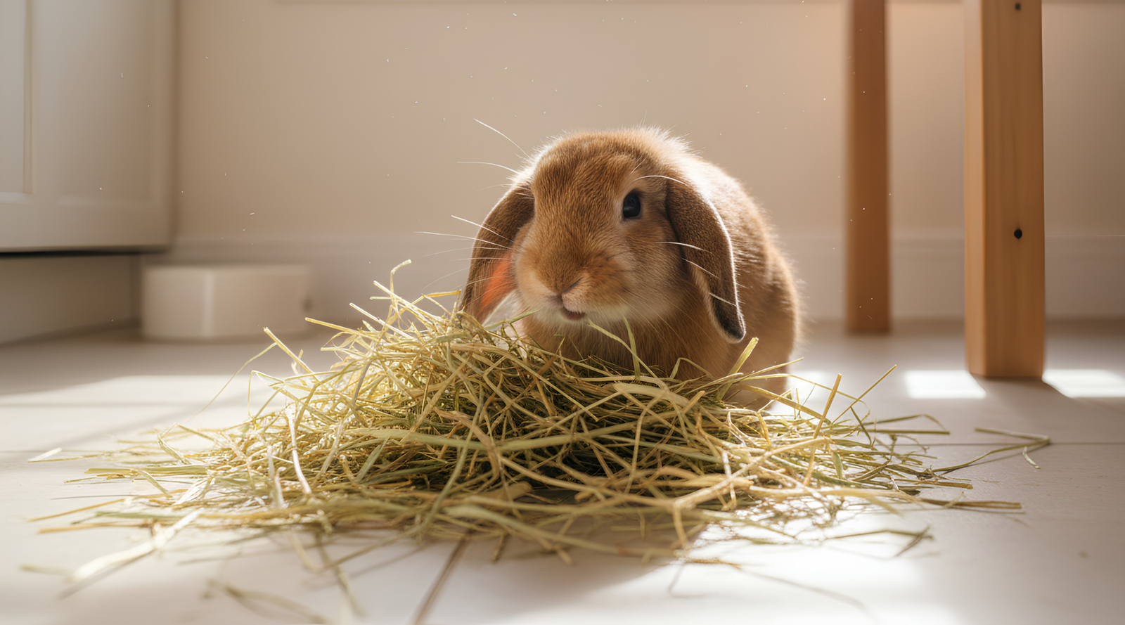 A lop-eared rabbit foraging through a pile of golden timothy hay on a pale kitchen floor, warm natural light, water bowl visible in the background