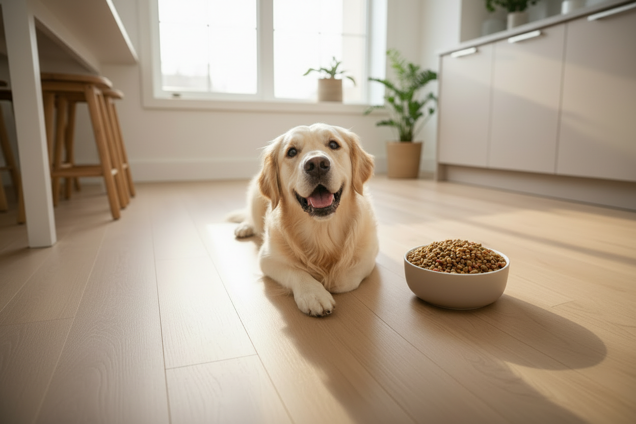 Cream golden retriever looking up eagerly beside a luxury ceramic dog bowl filled with kibble, in a warm shaker-style kitchen