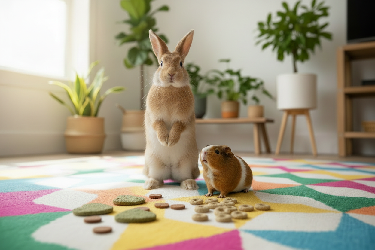 A rabbit and guinea pig on a colourful geometric rug, surrounded by natural herb treats, in a bright sunlit living room