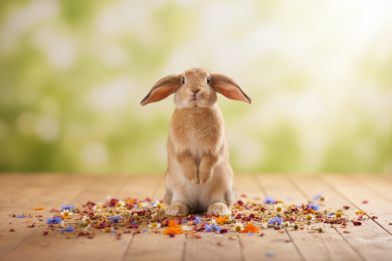 Sandy lop-eared rabbit standing on back legs amongst scattered rose petals, chamomile, cornflowers and marigold on a warm wooden floor