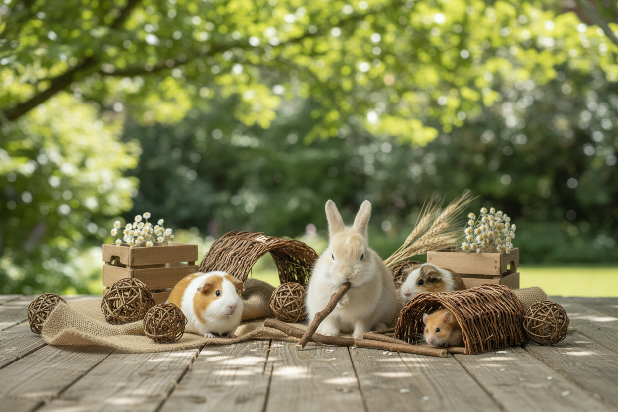A rabbit, two guinea pigs and a hamster surrounded by wicker baskets, willow tunnels, wicker balls and wooden crates with dried flowers on a weathered wooden deck in a sunny garden setting.