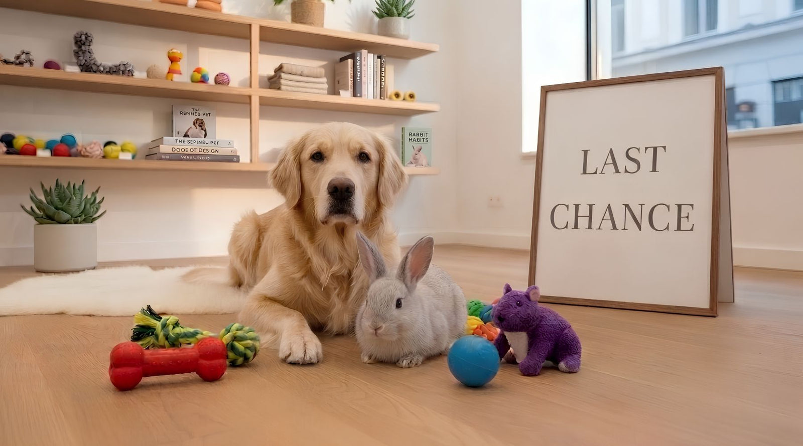 Pale cream Golden retriever, white rabbit and guinea pigs in a bright pet shop corner with a Last Chance sign, surrounded by leads, toys and accessories on wooden shelves.