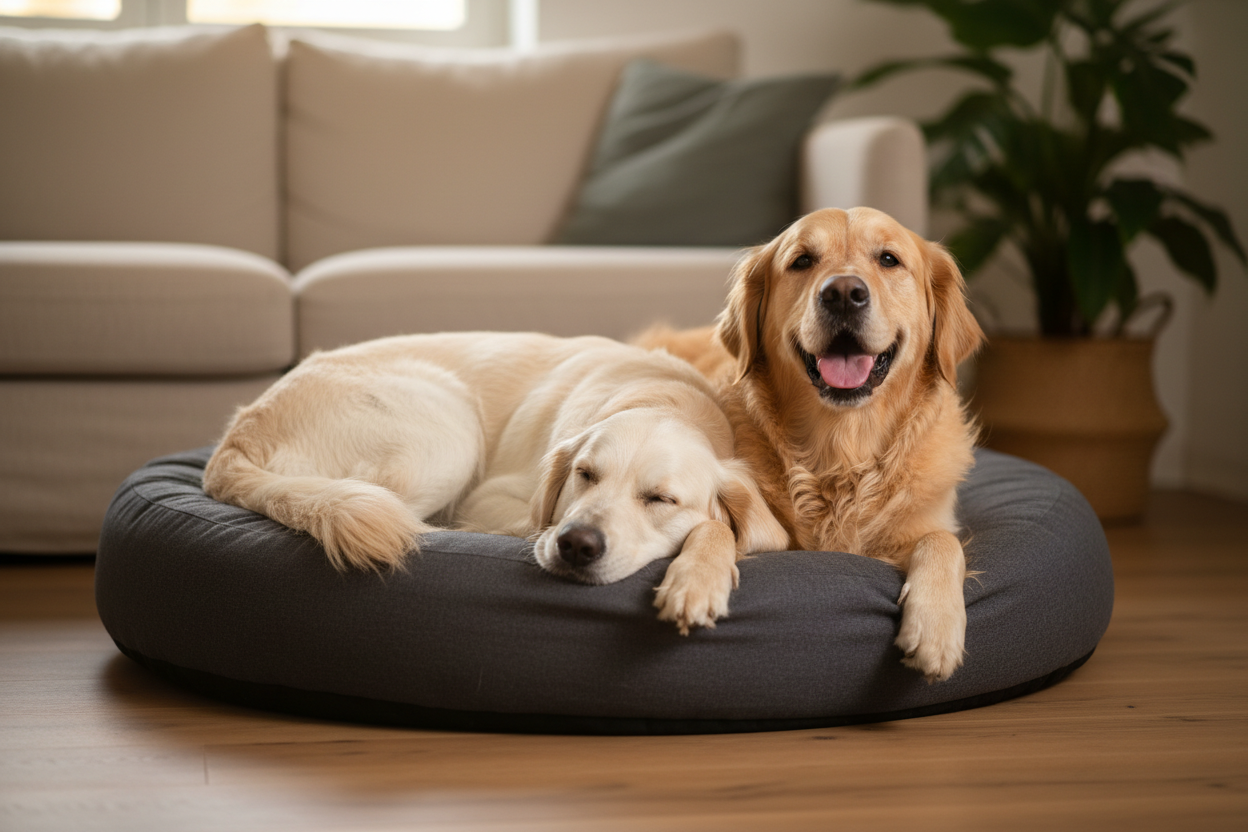 Dog beds - two golden retrievers snuggled on a charcoal dog bed in a cosy home interior