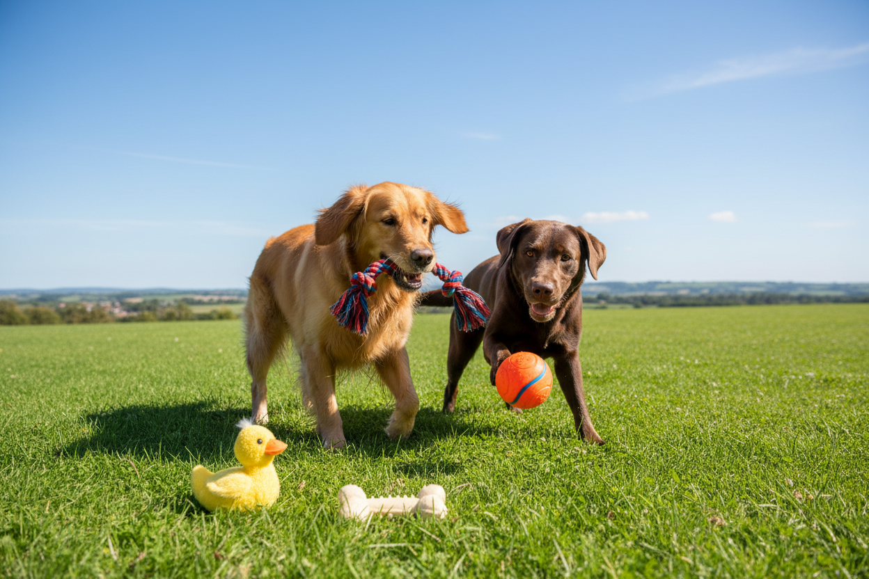 Golden retriever and Labrador playing outdoors with rope toy, ball, plush duck and squeaky bone on sunny grass — Barks & Bunnies Dog Toys