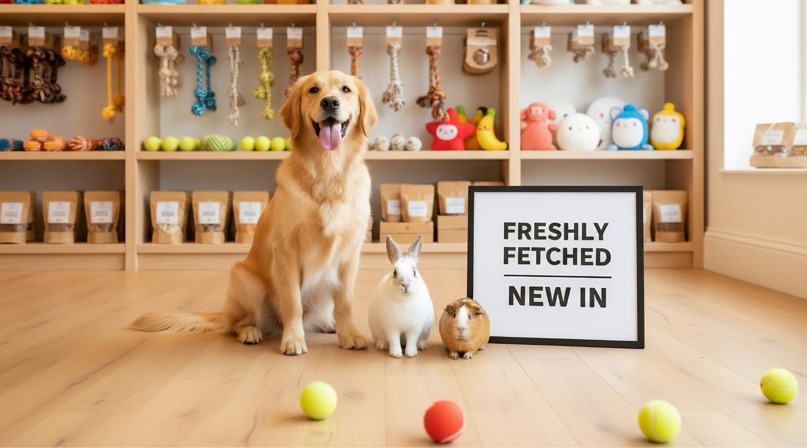 Golden retriever, white rabbit and guinea pig sitting together in a bright boutique pet shop, surrounded by toys, treats and accessories on wooden shelving, with a Freshly Fetched New In sign