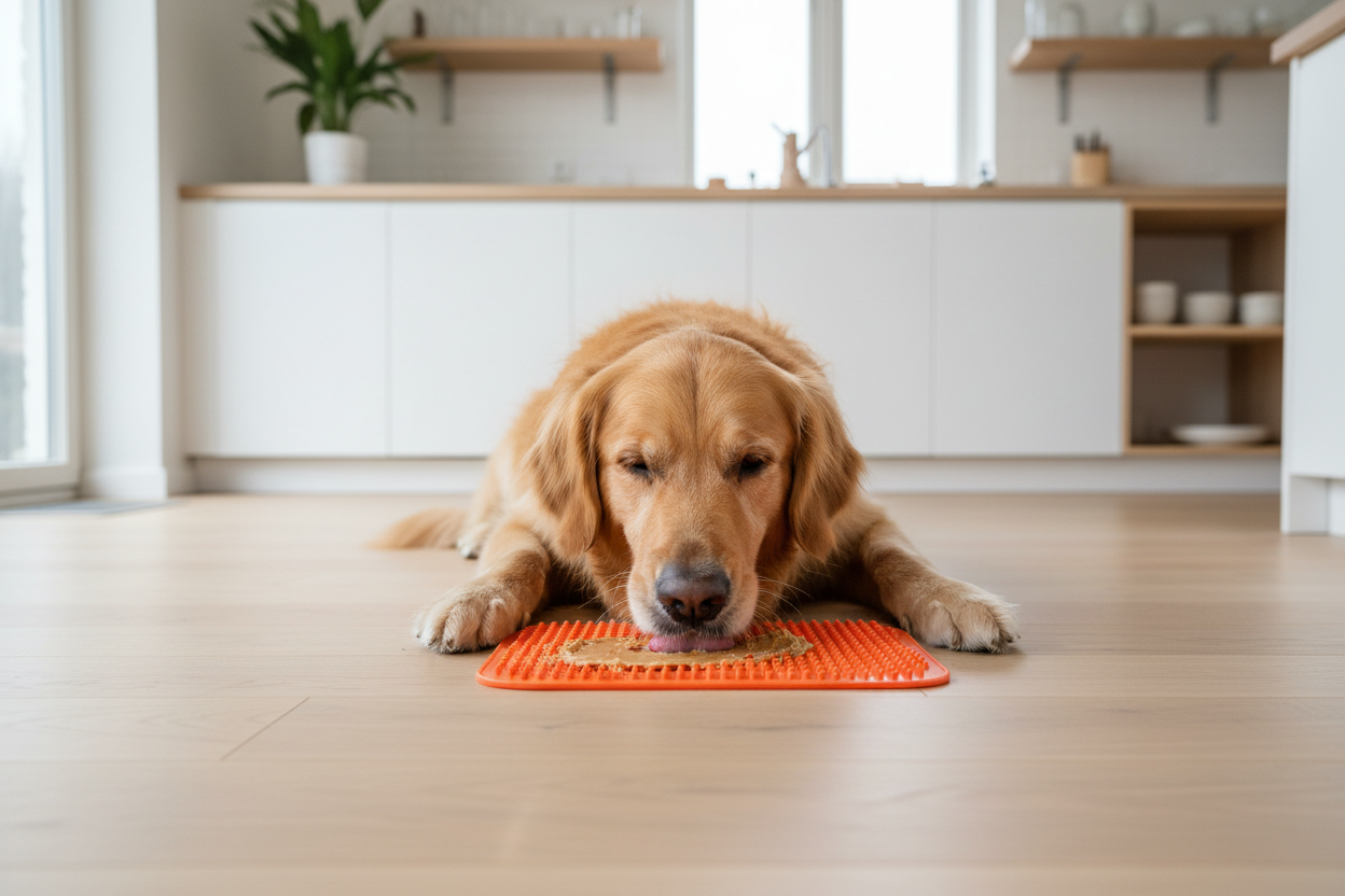 Golden retriever happily licking a Lickimat slow feeder mat in a modern kitchen - enrichment and calm for your dog