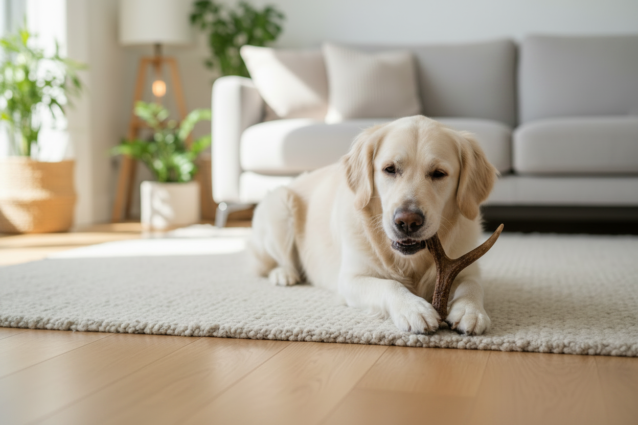 Pale cream golden retriever lying on a teal dog bed, contentedly chewing a natural antler chew