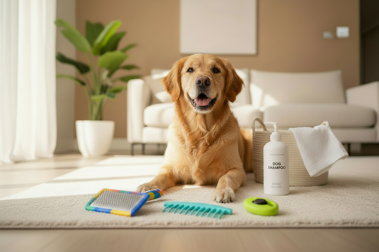 Golden retriever lying on a cream carpet surrounded by a slicker brush, grooming comb and training clicker in a bright cosy living room.
