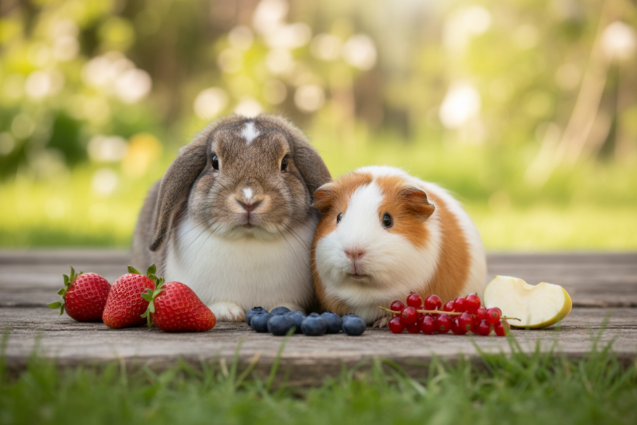 A lop-eared rabbit and guinea pig surrounded by scattered fresh strawberries, apple, redcurrants and blueberries on a sunny garden lawn.