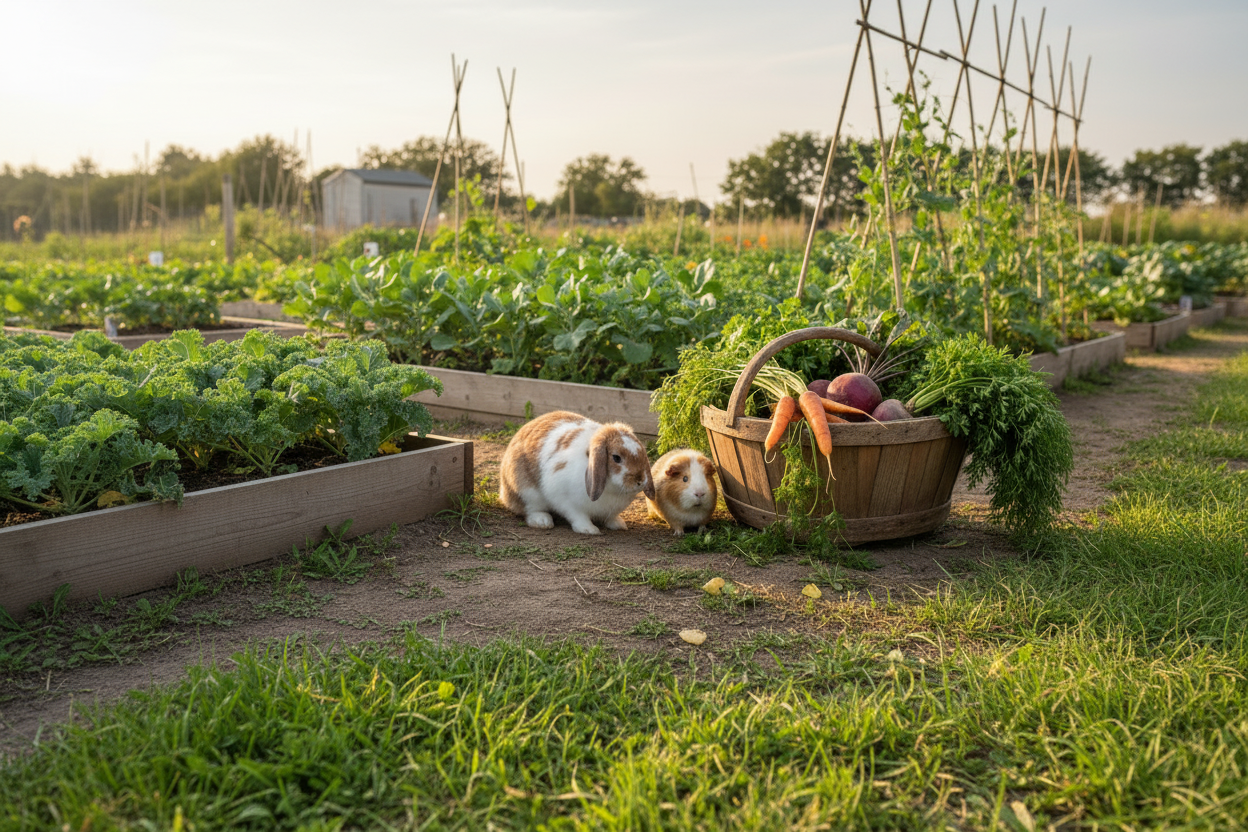 A rabbit and guinea pig beside a trug of freshly harvested carrots, beetroot and parsley in a garden allotment