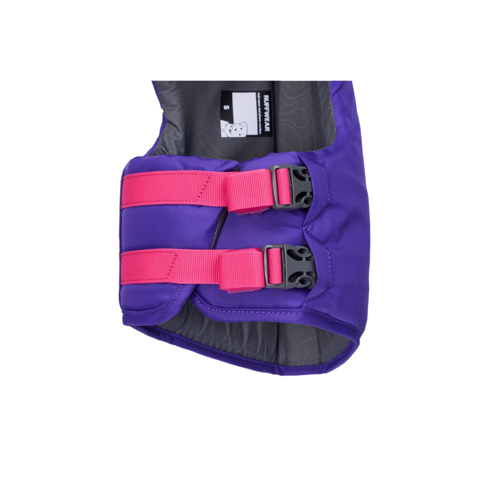 Close-up of Ruffwear Float Coat buckle and webbing detail