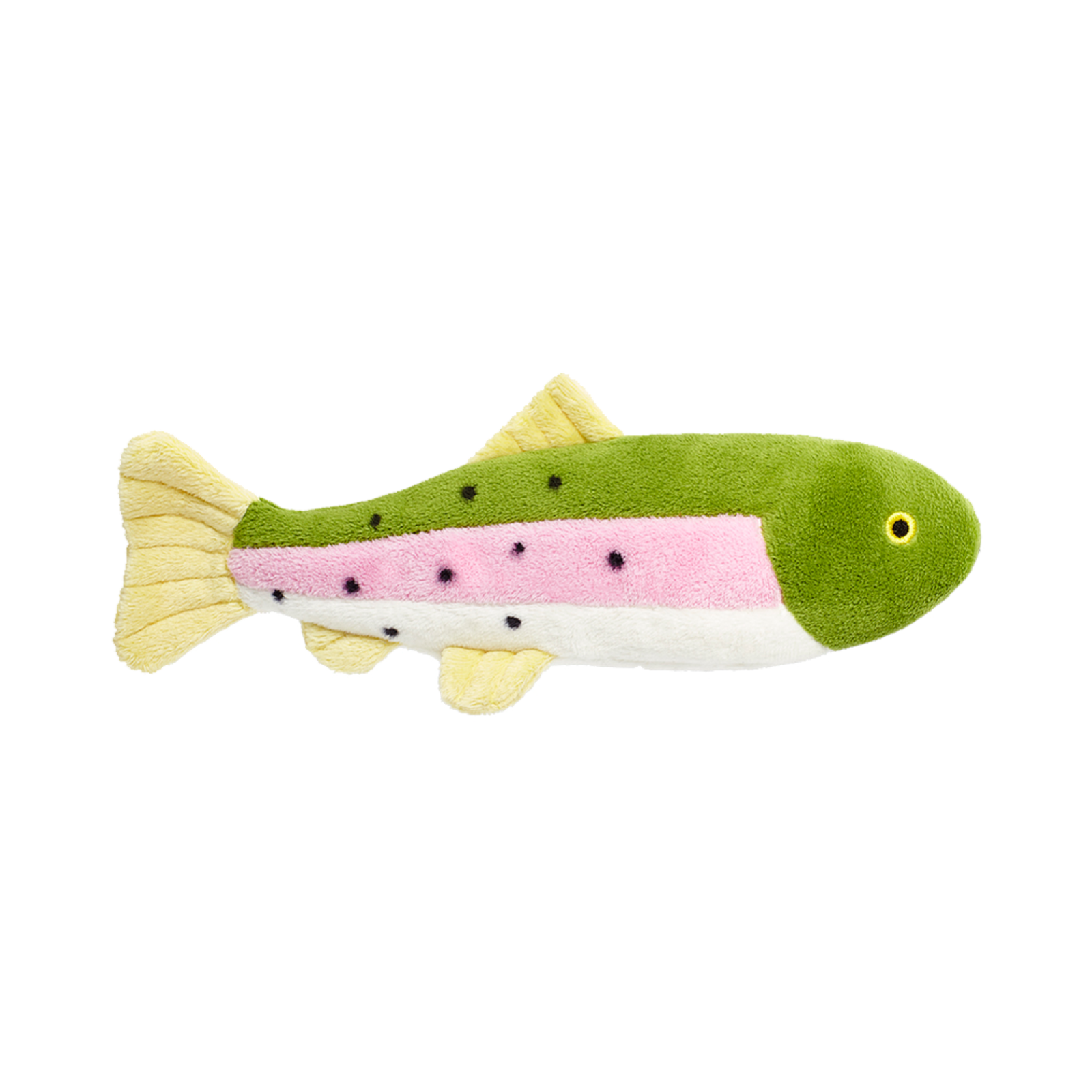 Fluff & Tuff Burt The Lake Trout plush dog toy - green and pink spotted trout with cream belly and yellow fins