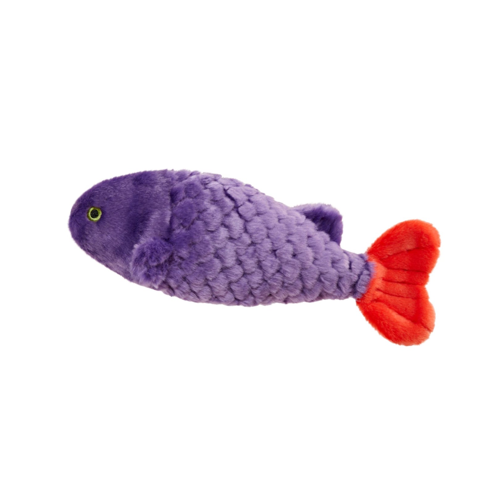 Fluff & Tuff Cici Tropical Fish plush dog toy - violet purple body with coral orange tail fin and yellow embroidered eye, on white background