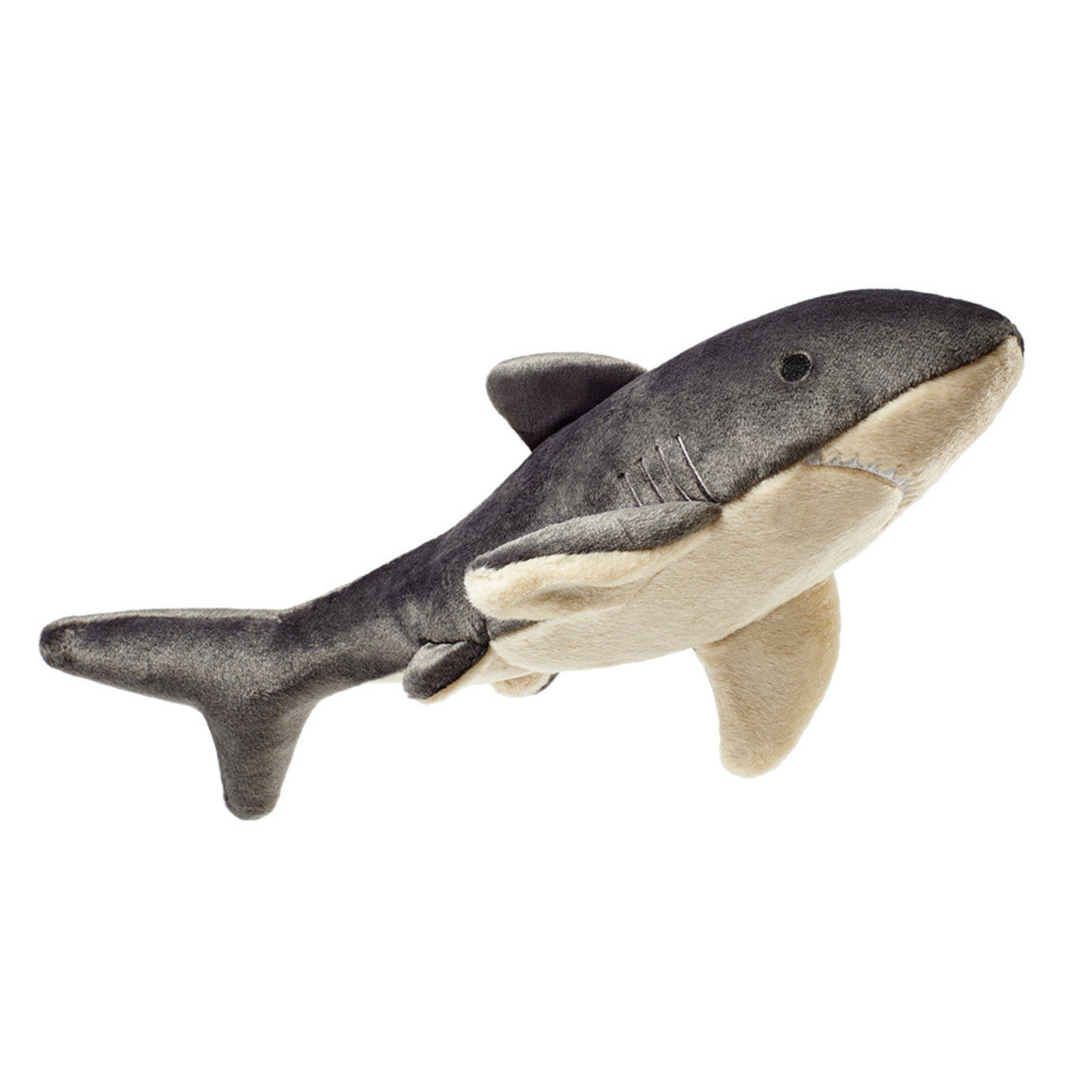 Fluff & Tuff Mac The Shark plush dog toy - realistic grey and cream shark with fin, gill detail and cream underbelly