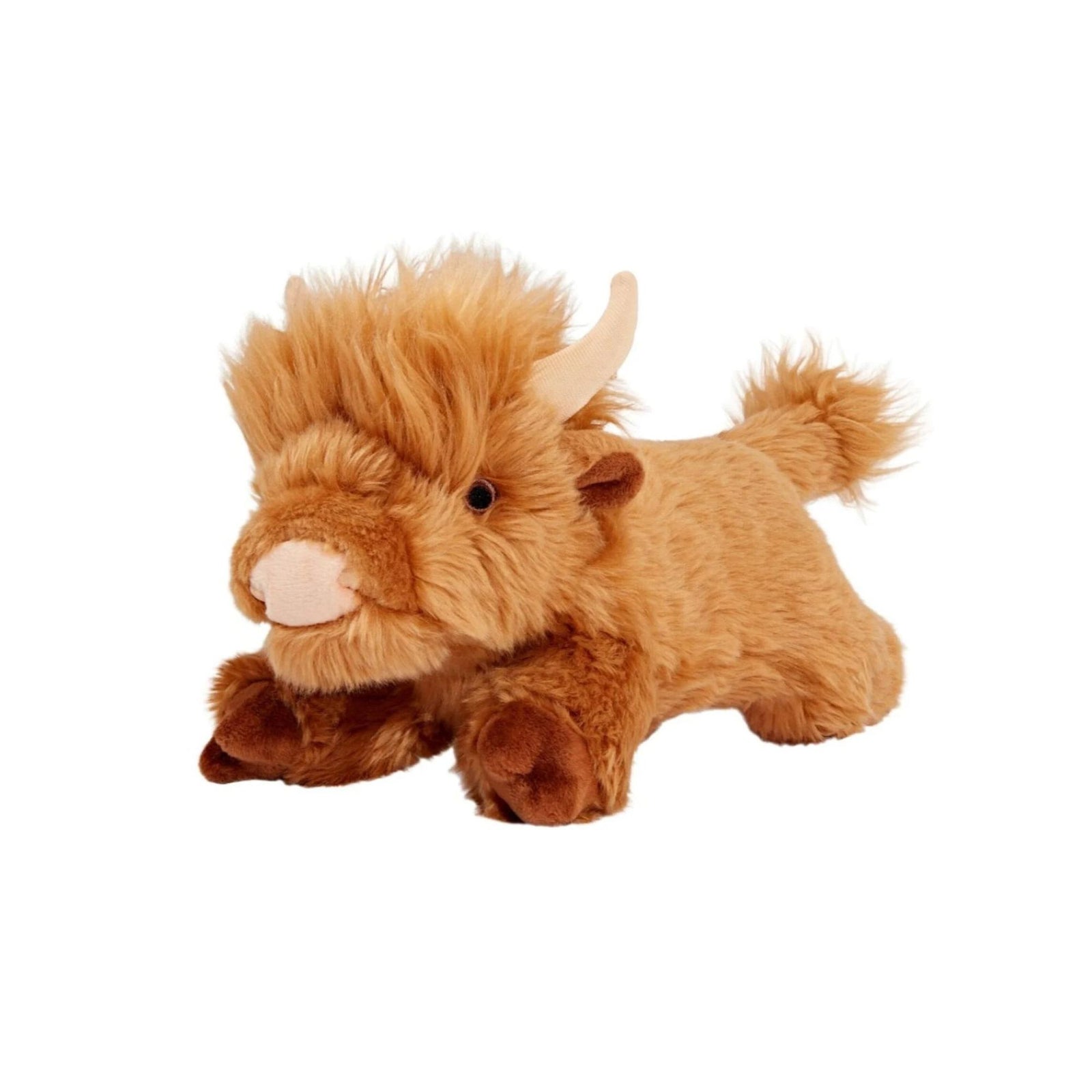 Fluff & Tuff Shaggy Highland Cow plush dog toy on white background