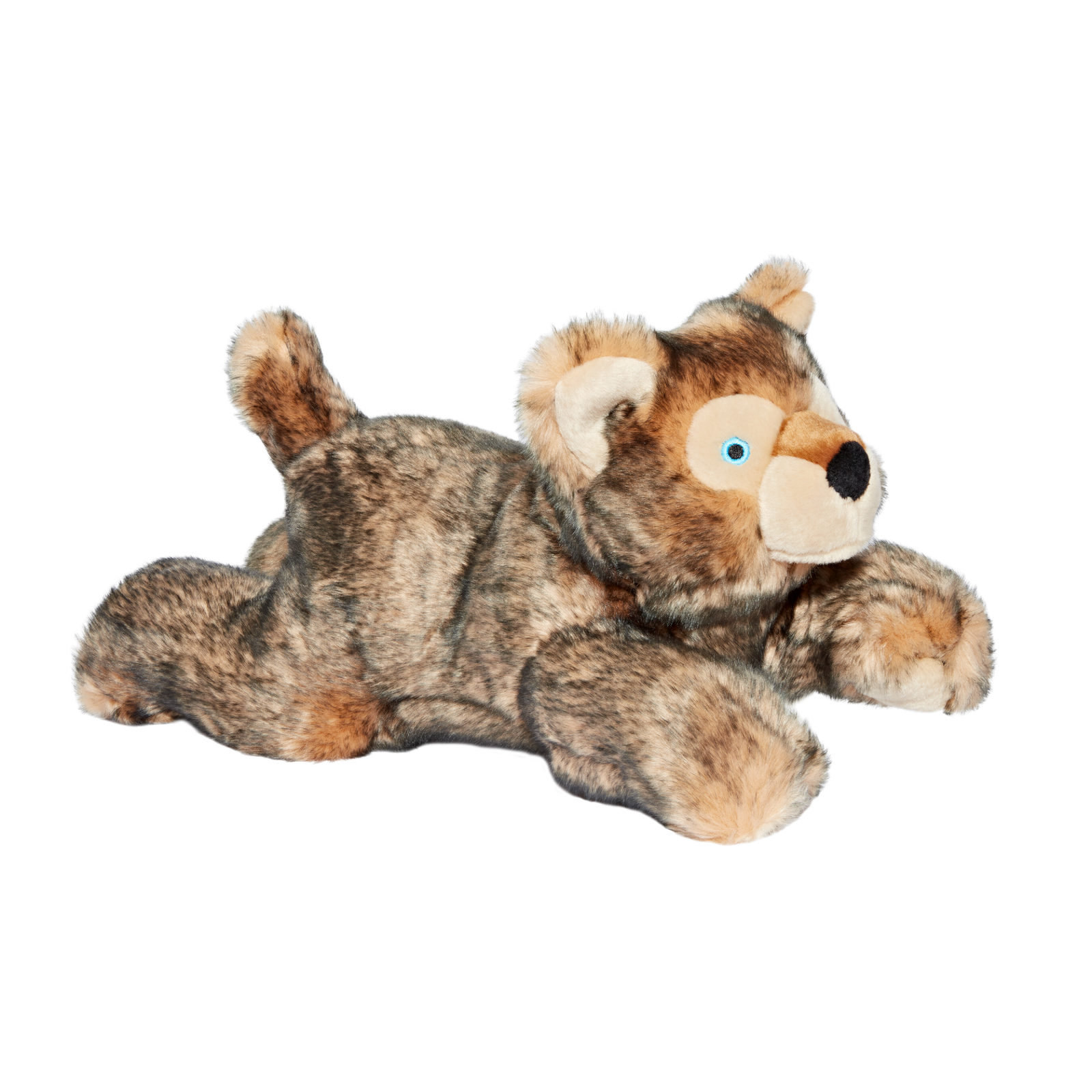 Fluff and Tuff Lobo Wolf Pup extra large plush dog toy in grey and brown with blue eyes on white background