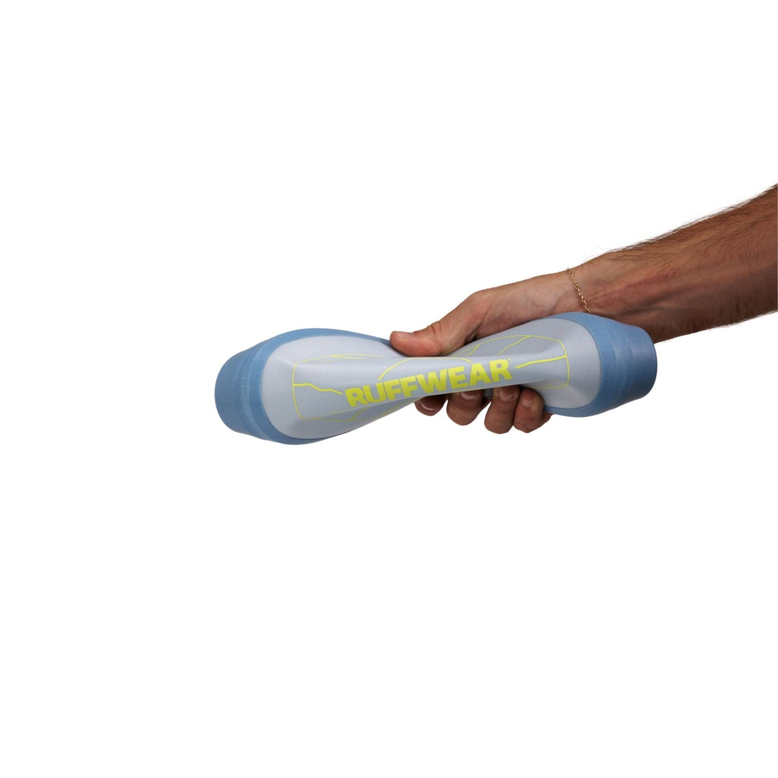 Hand holding the Ruffwear Camp Flyer flying disc toy in Polar Blue, showing the lightweight flexible grip and soft edge construction easy on dogs' teeth and gums