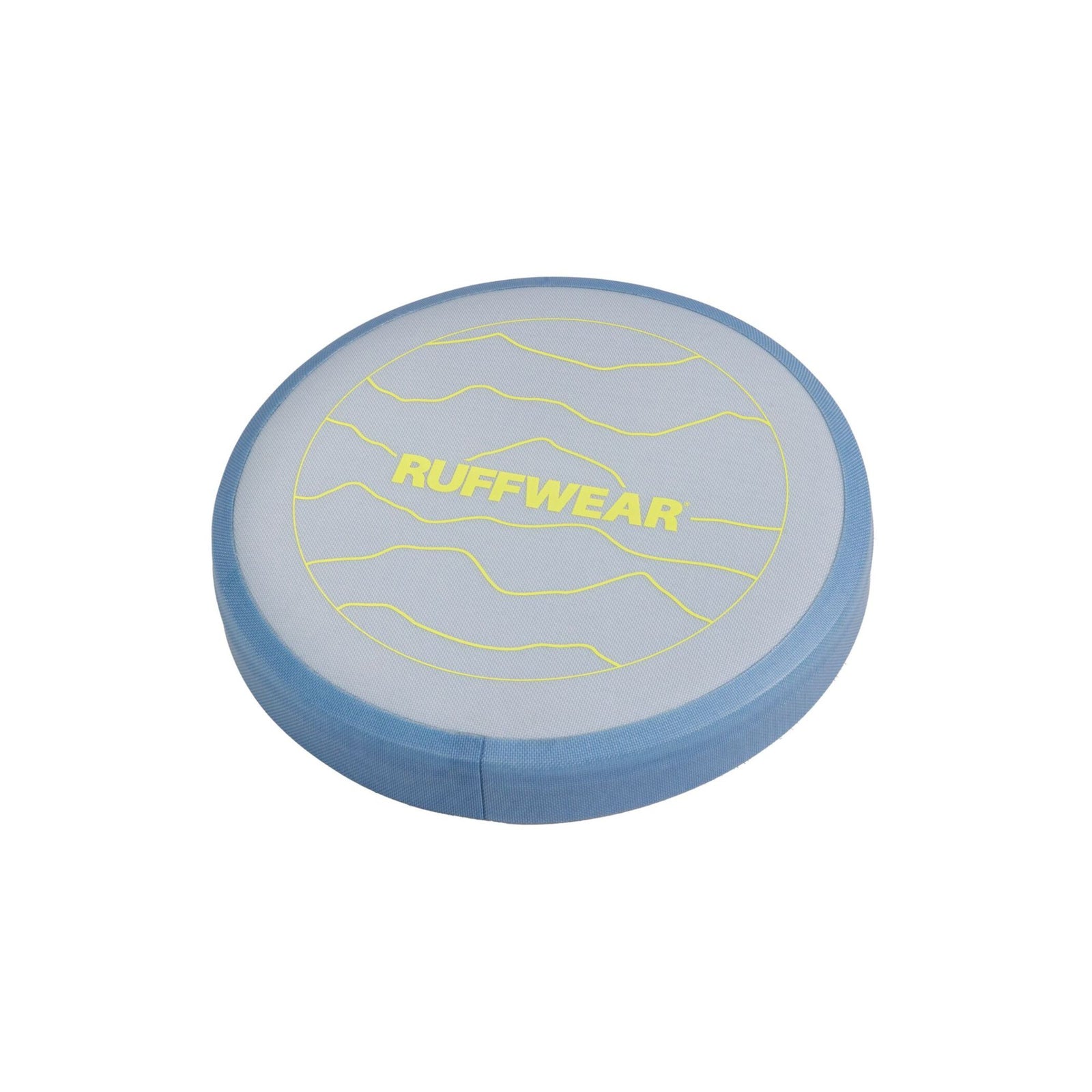 Ruffwear Camp Flyer dog disc toy in Polar Blue, shown from above, lightweight flexible flying disc with waterproof finish, Ruffwear branding visible