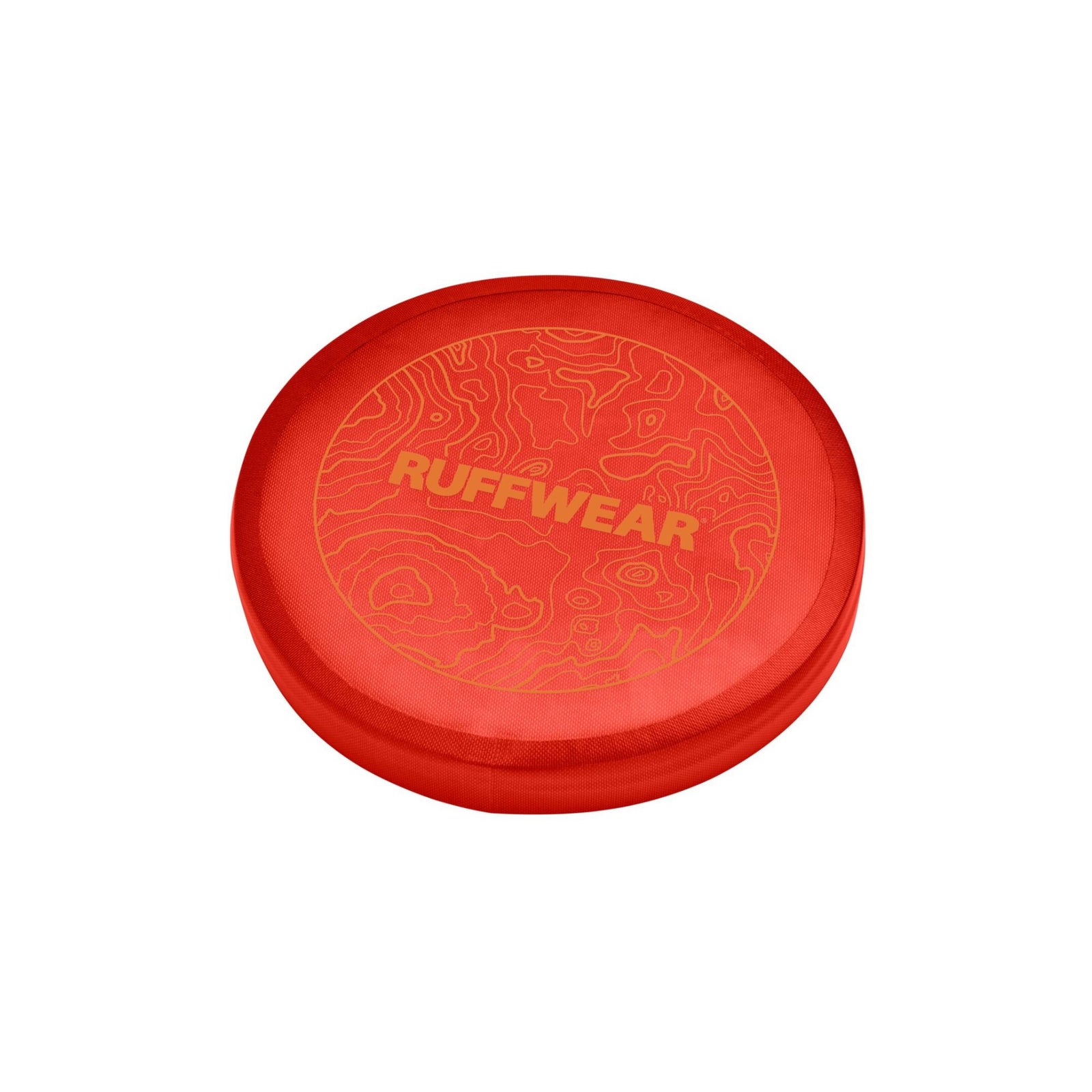 Ruffwear Camp Flyer dog disc toy in Red Sumac, lightweight flexible flying disc with waterproof finish that doubles as a water bowl, shown from above