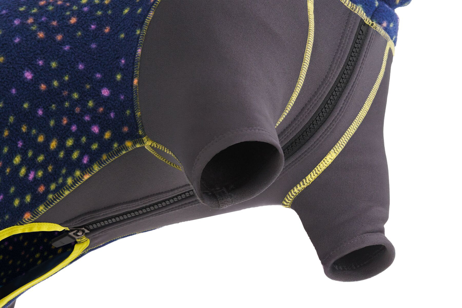 Close-up of the Ruffwear Climate Changer Coverall showing zip and fleece fabric detail