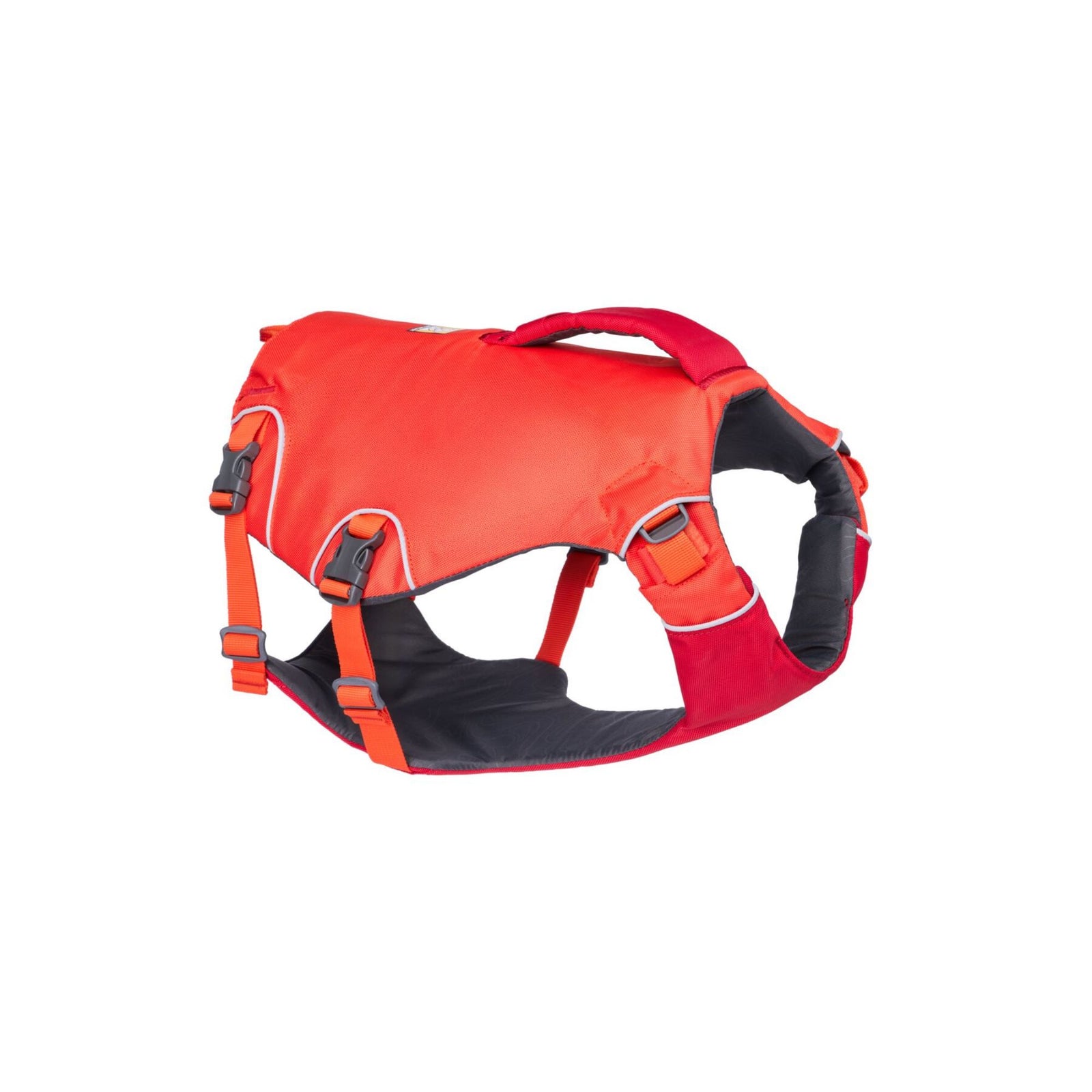 Ruffwear Confluence dog life jacket in Tangelo Orange, three-quarter view on white, showing harness-style construction, low-profile handle, and six-point adjustment webbing.