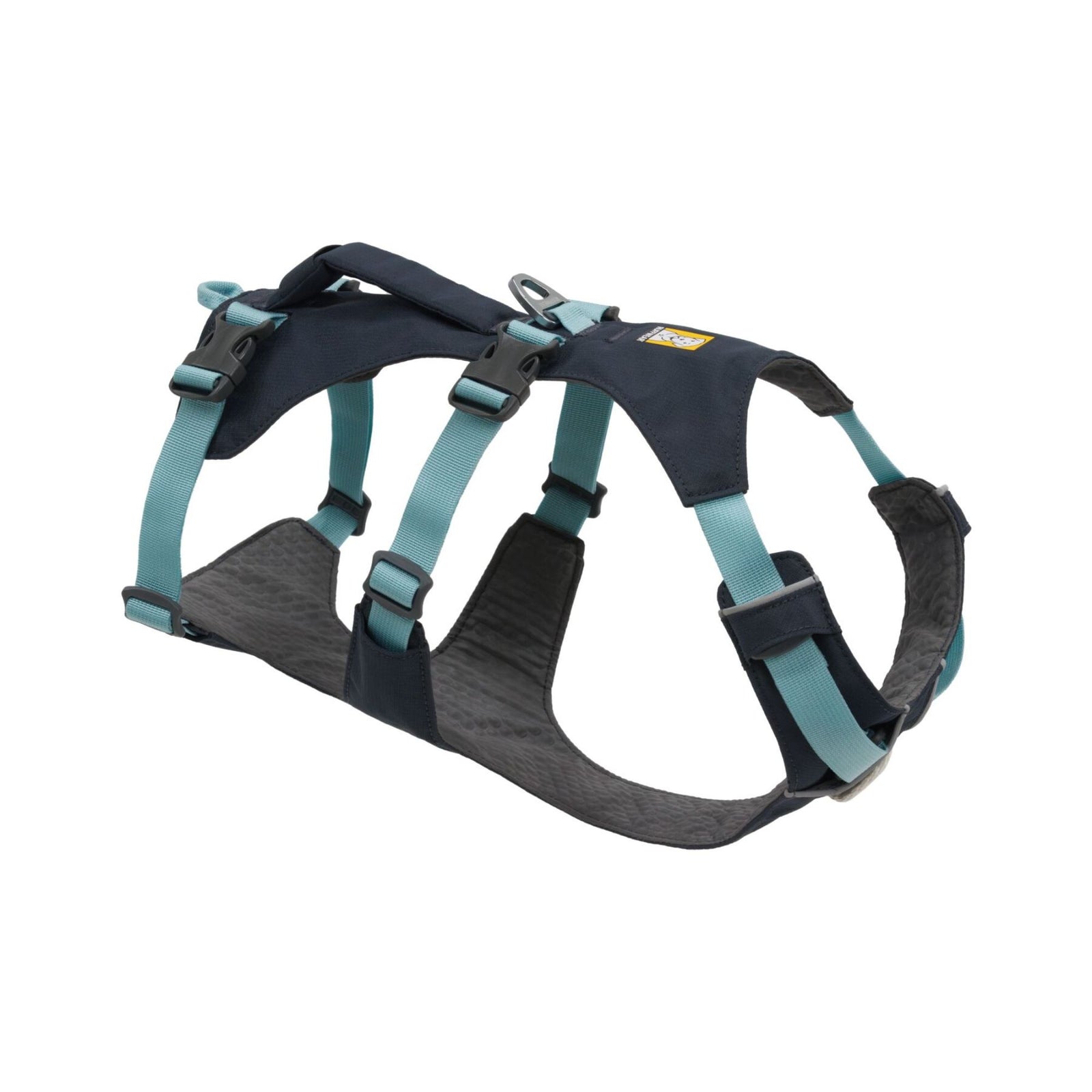 Ruffwear Flagline dog harness in Basalt Gray, front view showing chest panel and three leash connection points