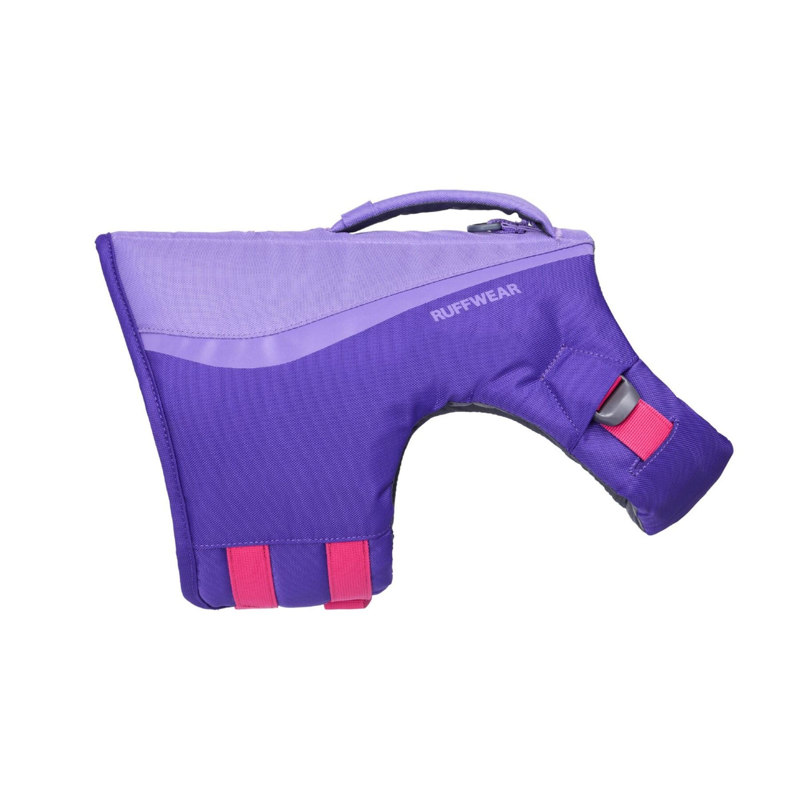 Ruffwear Float Coat dog life jacket in Purple Lily, side view showing foam panel and buckle construction