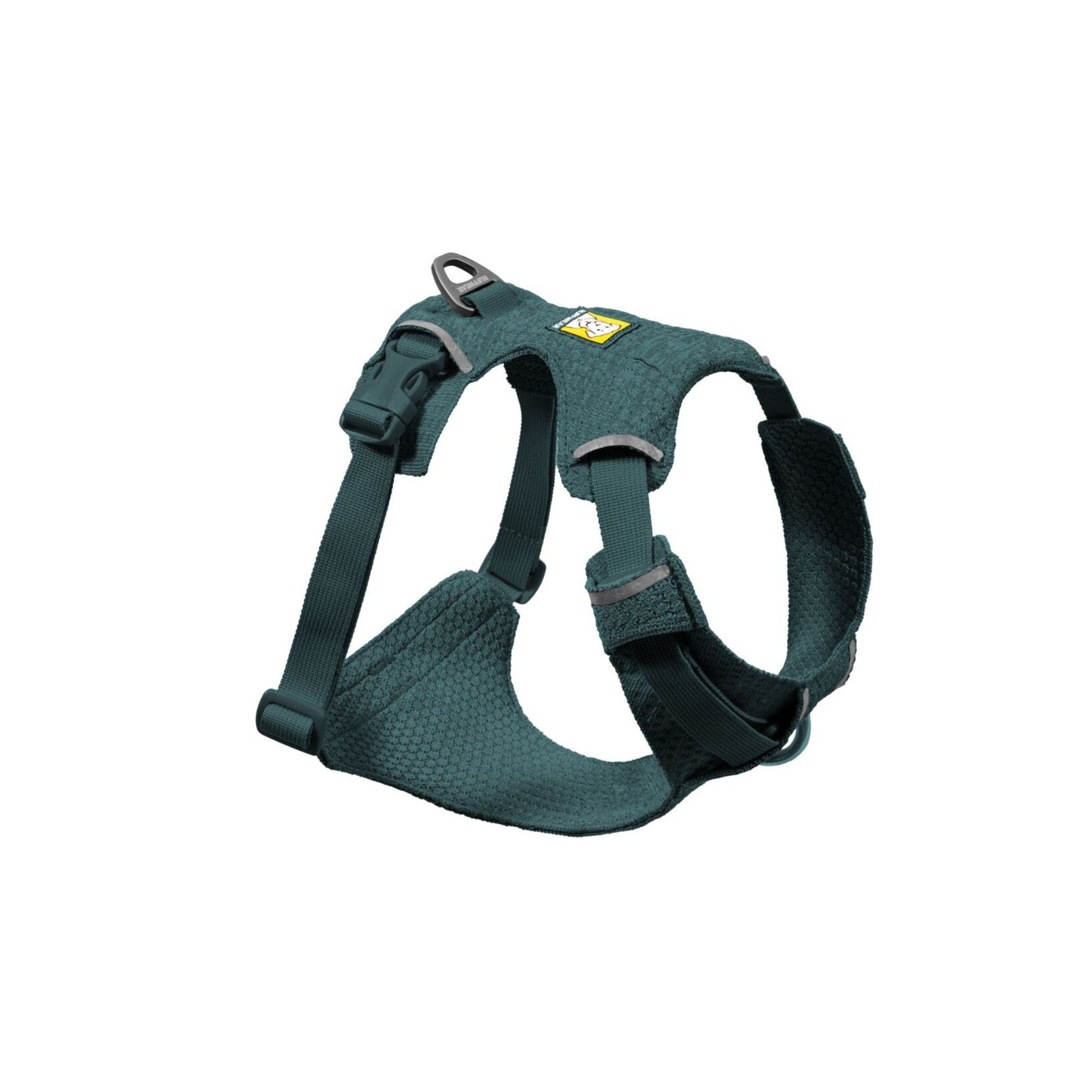 Ruffwear Front Range Flex Harness in Deep Teal, showing engineered knit construction and aluminium V-ring, product shot on white background