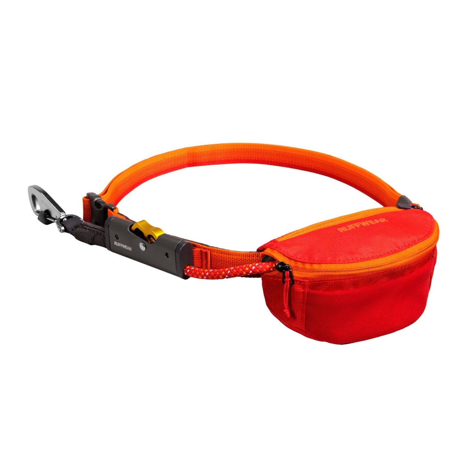 Ruffwear Hitch Hiker Dog Lead in Red Currant showing stow bag, adjustable strap, and Crux Clip™ on a white background