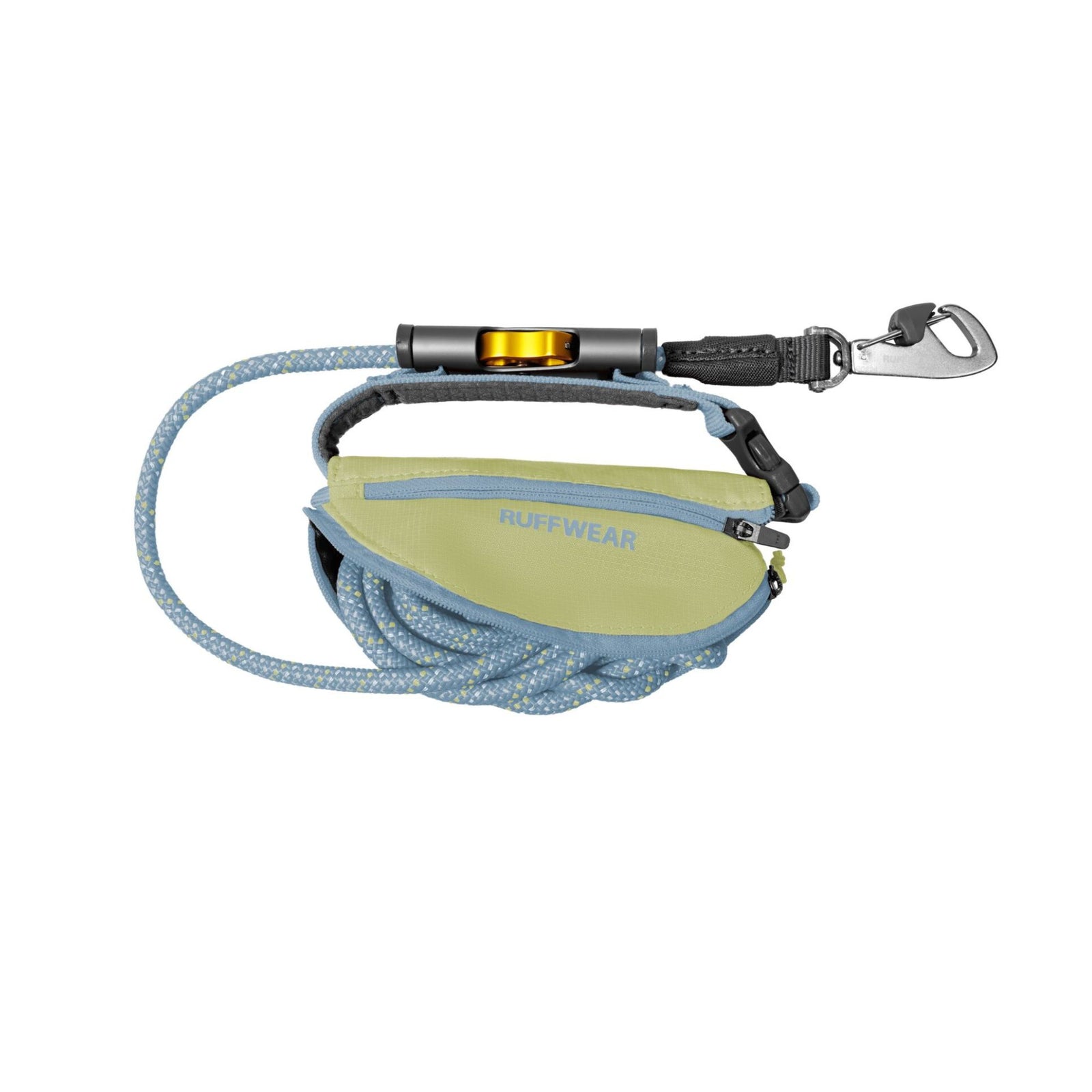 Ruffwear Hitch Hiker Dog Lead in Sunny Lime showing the full 12-foot kernmantle rope, stow bag, HitchLock rope adjuster, and Crux Clip on a white background