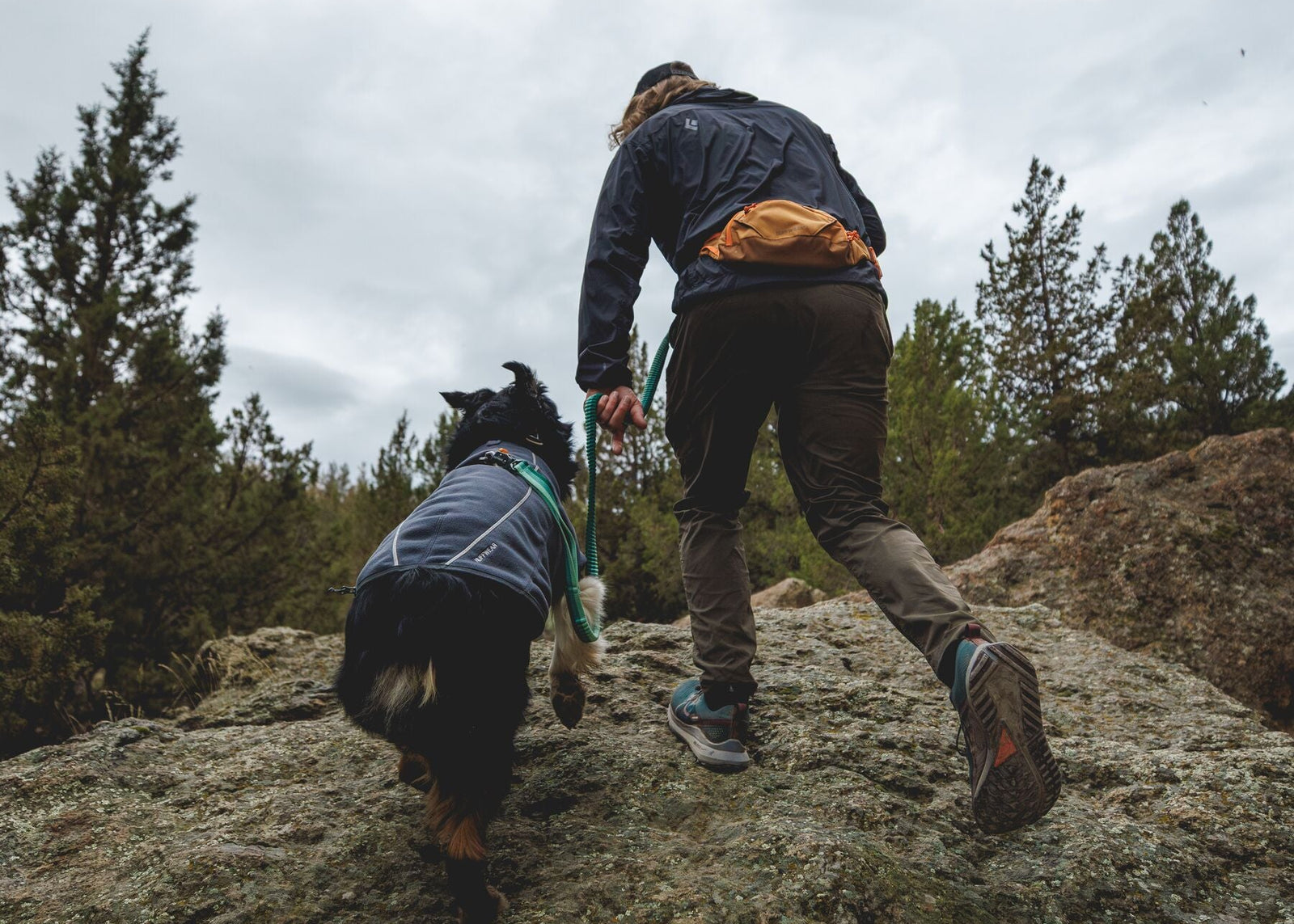 Person climbing a rocky trail from behind wearing the Ruffwear Home Trail hip pack in Brown Bear at the hip, leading a black and tan dog in a Ruffwear jacket on a green lead, pine trees and overcast sky behind them
