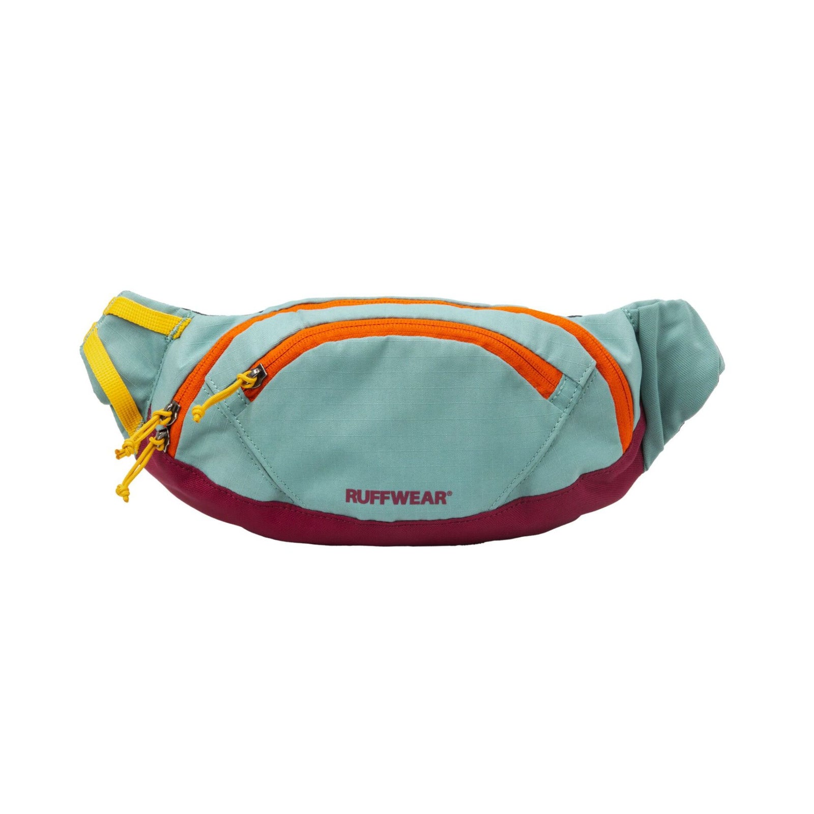 Ruffwear Home Trail hip pack in River Rock Green on a white background, shown from the front, displaying the zippered front compartment, main compartment zip, and Ruffwear wordmark