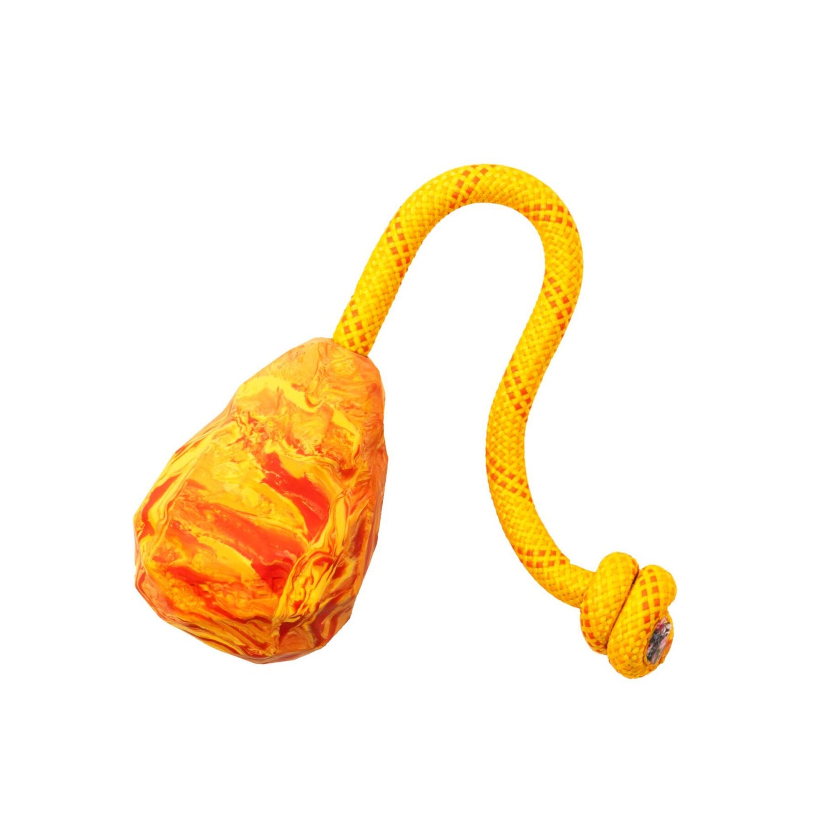 Ruffwear Huck-a-Cone dog toy in Salamander Orange - faceted orange natural latex rubber cone with bright yellow kernmantle rope handle, knotted end detail, on white background