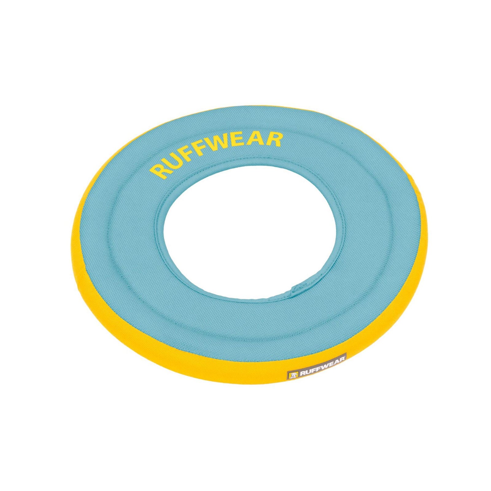Ruffwear Hydro Plane floating dog disc toy in Biolumin Blue - soft sky blue nylon top with vivid yellow foam rim and yellow Ruffwear logo, on white background