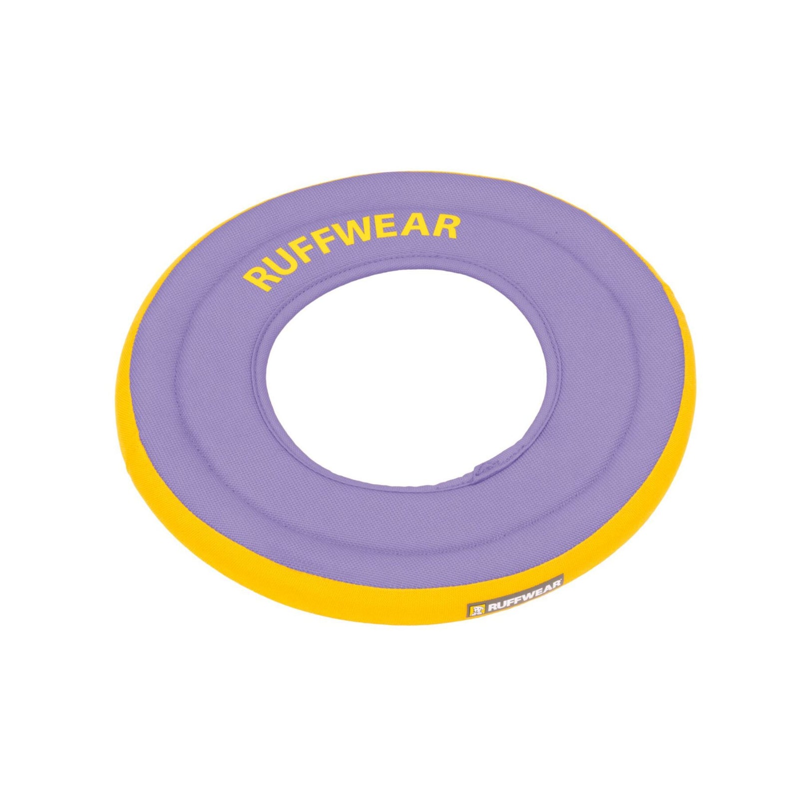 Ruffwear Hydro Plane floating dog disc toy in Purple Orchid - soft lavender nylon top with vivid yellow foam rim and yellow Ruffwear logo, on white background