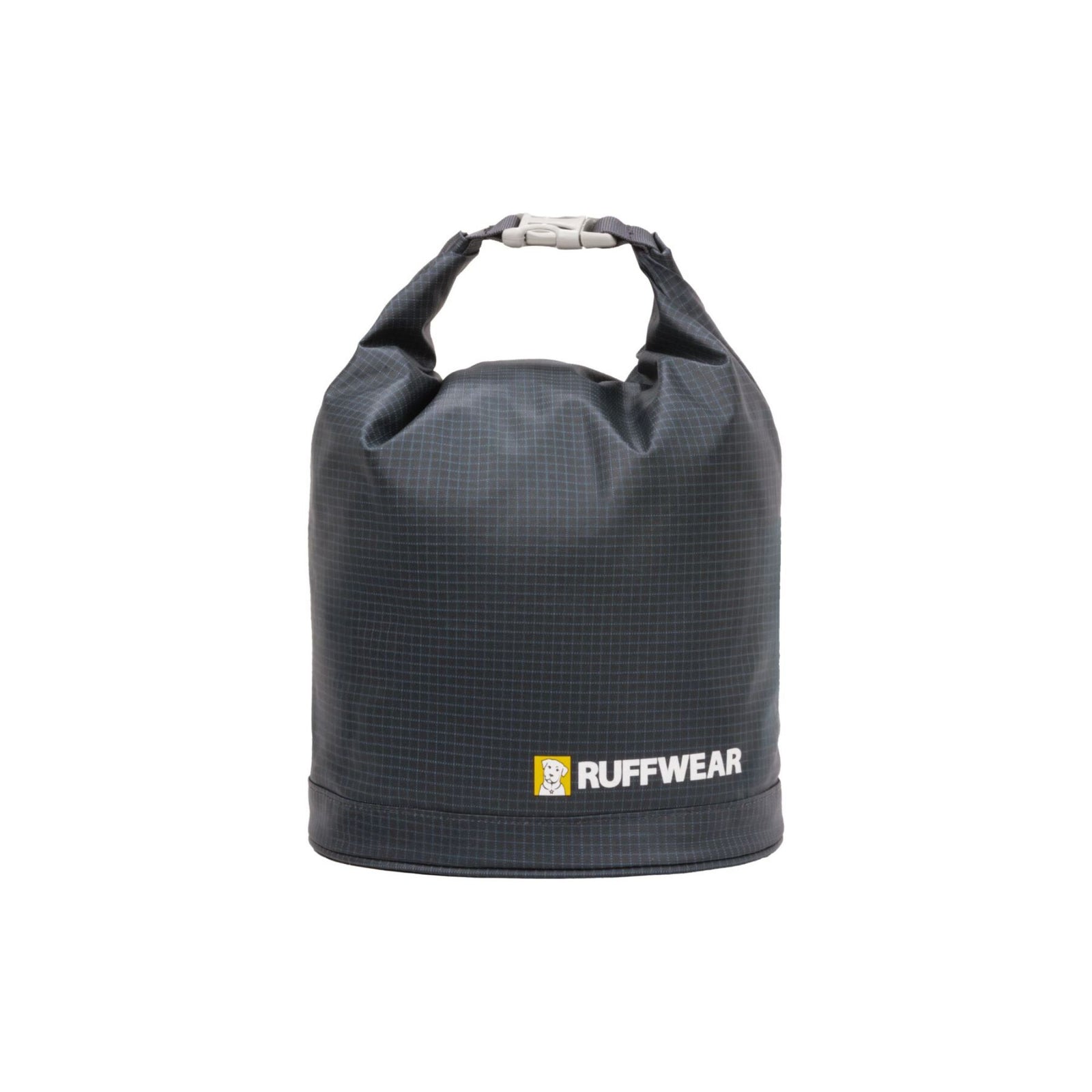 Ruffwear Kibble Kaddie dog food carrier in Basalt Gray on a white background, shown upright with roll-down closure secured at the top with a side-release buckle and Ruffwear logo visible on the front