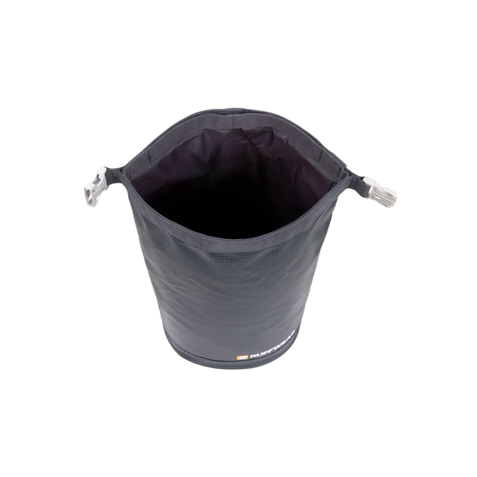 Ruffwear Kibble Kaddie dog food carrier in Basalt Gray on a white background, shown open from above with the roll-down closure unfastened, revealing the empty food-grade waterproof interior lining