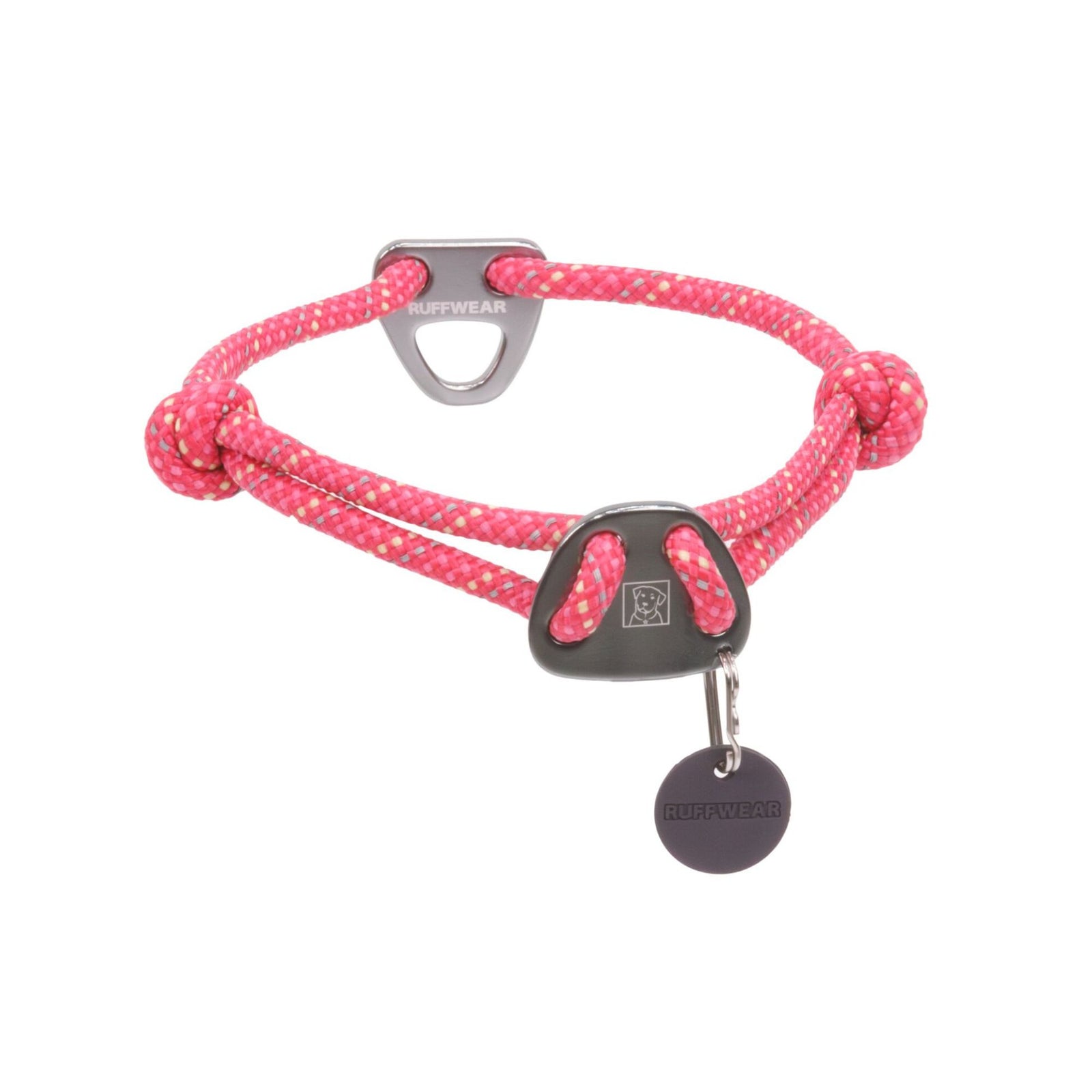 Ruffwear Knot-a-Collar dog collar in Fireweed Pink, showing aluminium V-ring, belay plate, fisherman's knots and silicone tag silencer on white background