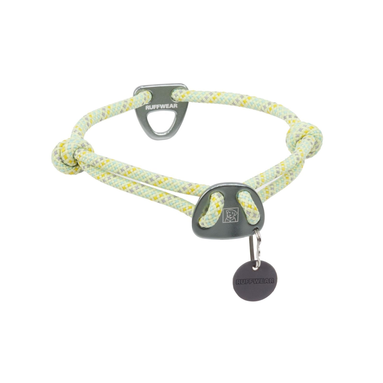 Ruffwear Knot-a-Collar dog collar in Moss Green, showing aluminium V-ring, belay plate, fisherman's knots and silicone tag silencer on white background