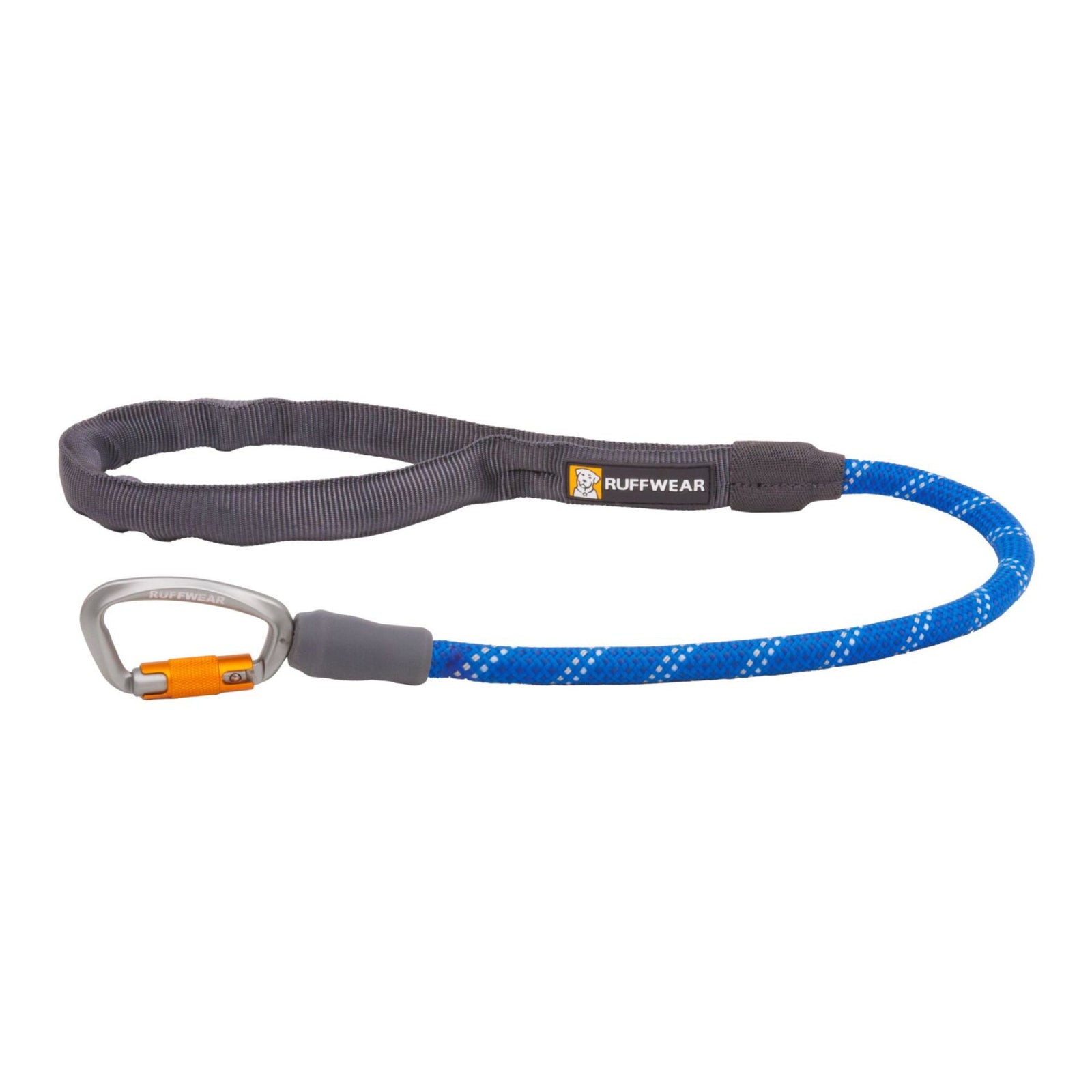 Ruffwear Knot-a-Long leash in Blue Pool showing the kernmantle rope, padded handle, and Crux Clip on a white background