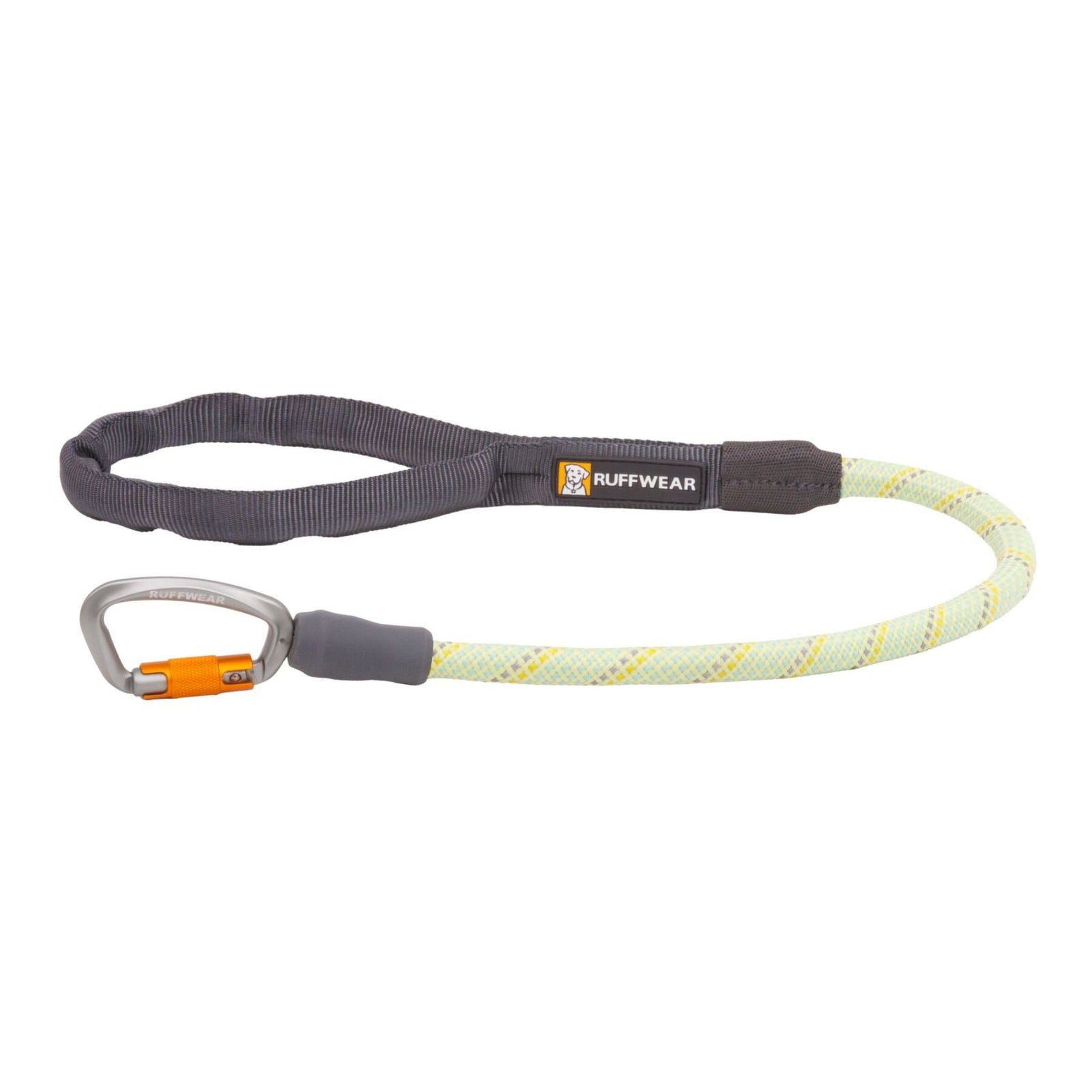 Ruffwear Knot-a-Long leash in Moss Green showing the kernmantle rope, padded handle, and Crux Clip on a white background
