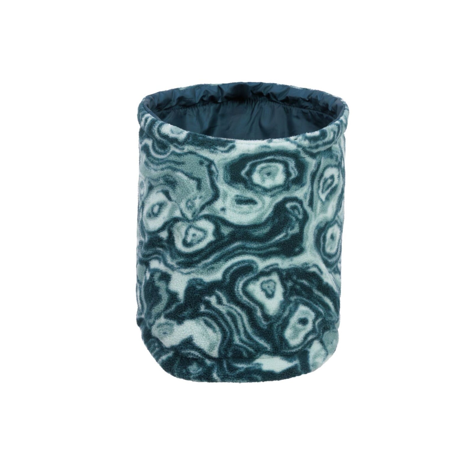 Ruffwear Mt. Hoodie Warming Neck Gaiter for dogs in Deep Teal - fleece side facing out, showing the swirling stone-pattern print in dark teal and pale aqua.