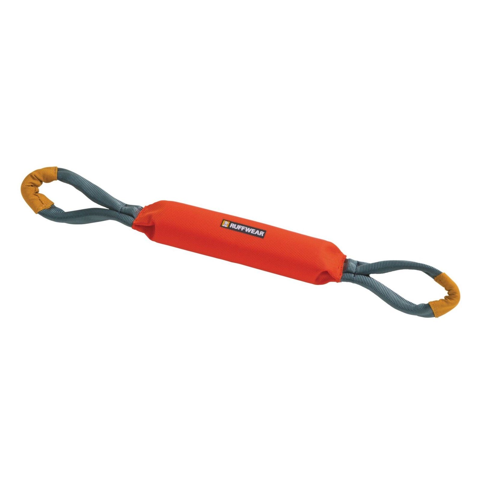 Ruffwear Pacific Loop tug toy in Sockeye Red - long red body with yellow webbing handles and blue loop ends, Ruffwear badge at centre, on white background