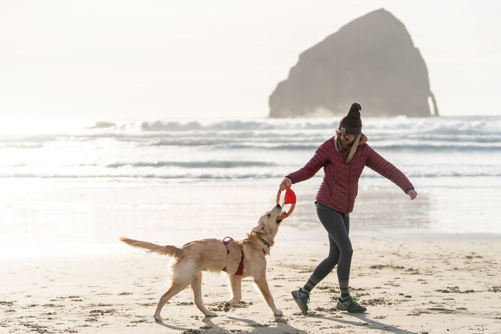 Woman playing tug with a golden retriever on a misty beach using the Ruffwear Pacific Ring toy in Sockeye Red, dramatic sea stack rock visible in the background
