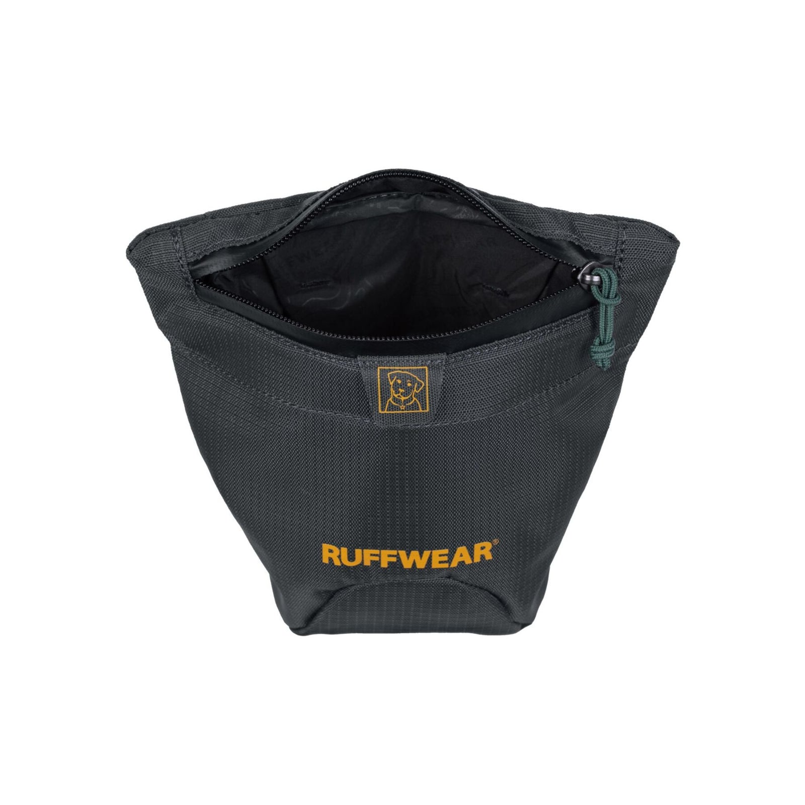 Ruffwear Pack Out Bag dog waste carrier in Basalt Gray against a white background, open, showing the full width of the zippered opening, black waterproof interior lining, teal zip pull, and the structured shape of the bag at full capacity