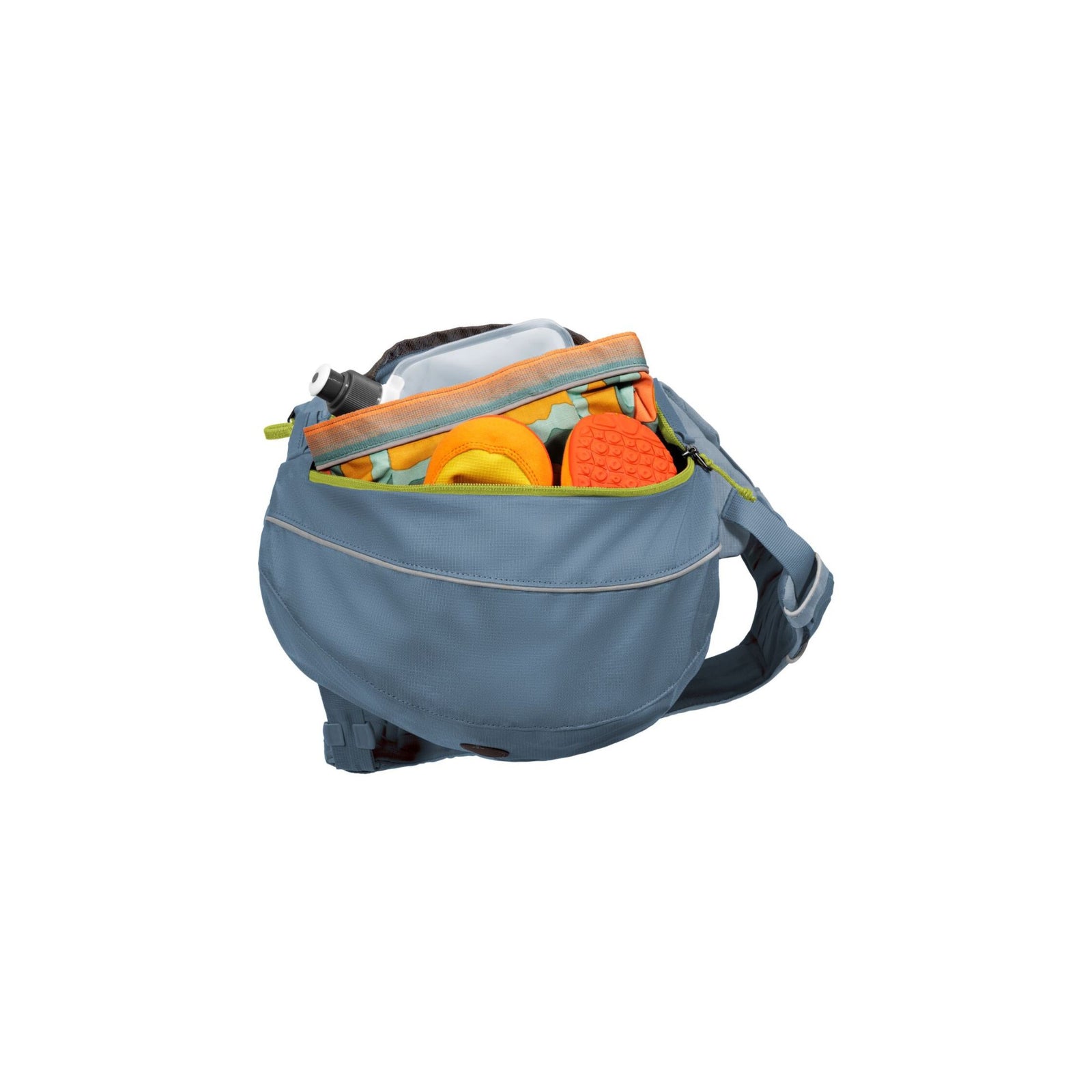 Ruffwear Palisades Pack in Glacier Lake, open saddlebag showing internal mesh storage pocket and collapsible BPA-free hydration bladder included with the pack