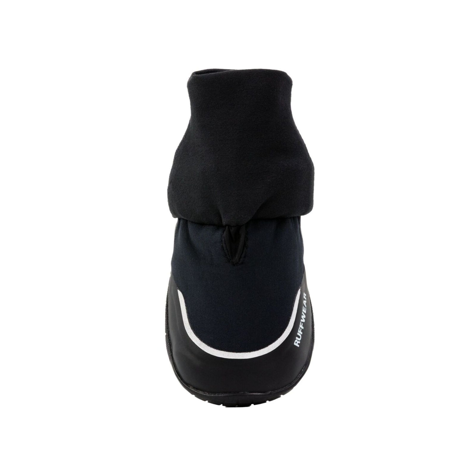 Ruffwear Polar Trex Winter Dog Boot single boot on white background, front-facing view showing stretch gaiter, hook-and-loop closure and waterproof softshell upper in black
