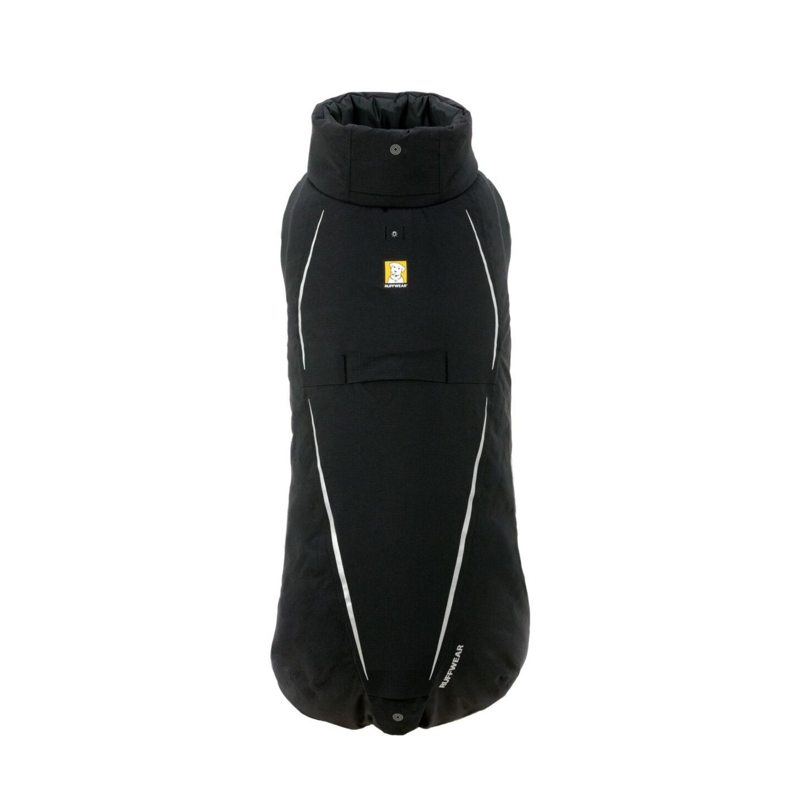 Ruffwear Powder Hound Waterproof Insulated Coverall in Obsidian Black - front-on flat lay showing the neck cinch, leash portal, reflective piping detail, Ruffwear hang tag, and tail cinch at the base.