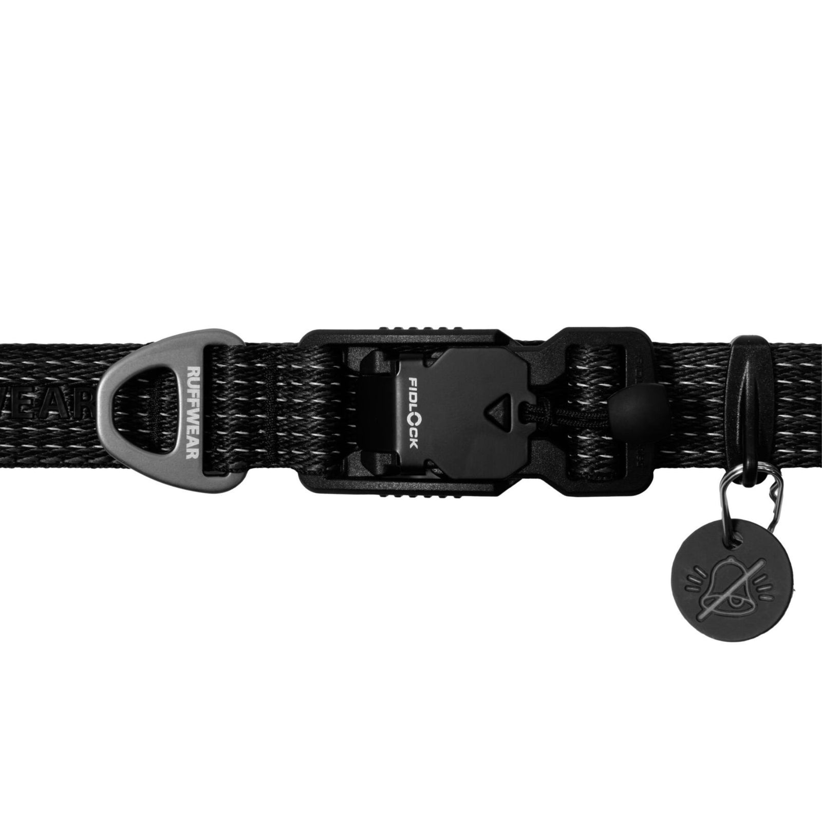 Ruffwear Ridgeline Dog Collar in Obsidian Black, close-up of Fidlock aluminium V-ring and silicone tag silencer