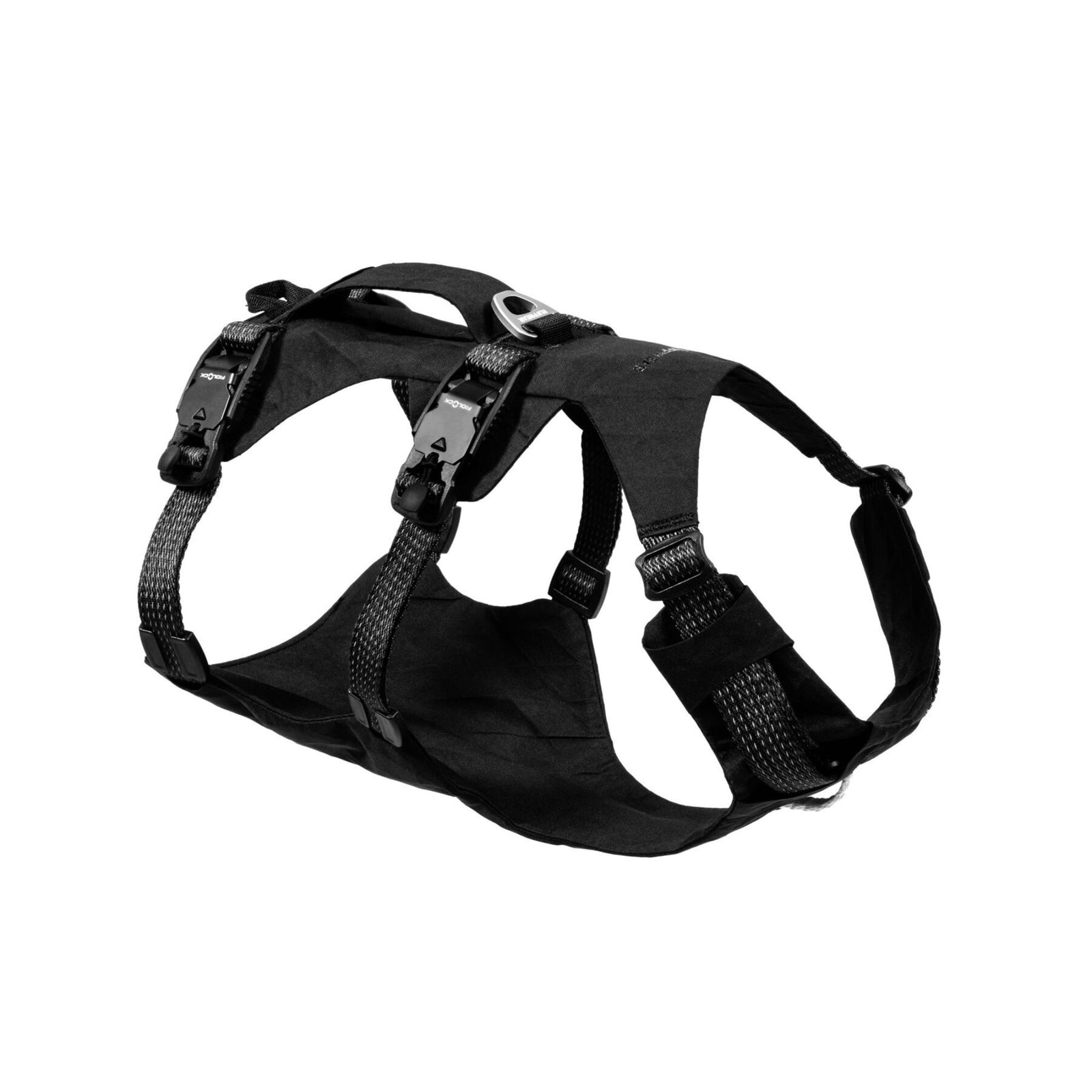 Ruffwear Ridgeline dog harness in Obsidian Black, three-quarter view on white background showing the X-Pac® shell, padded handle, and Fidlock® magnetic buckles